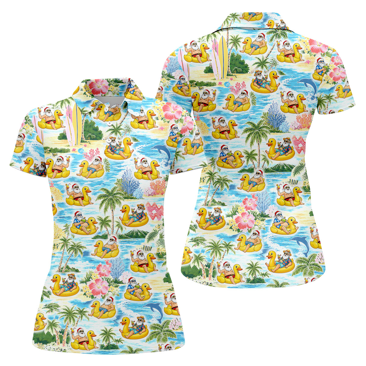 Funny Santa Duck Float Tropical Christmas Polo Shirt, Womens Golf Polo, Hawaiian Golf Shirt
