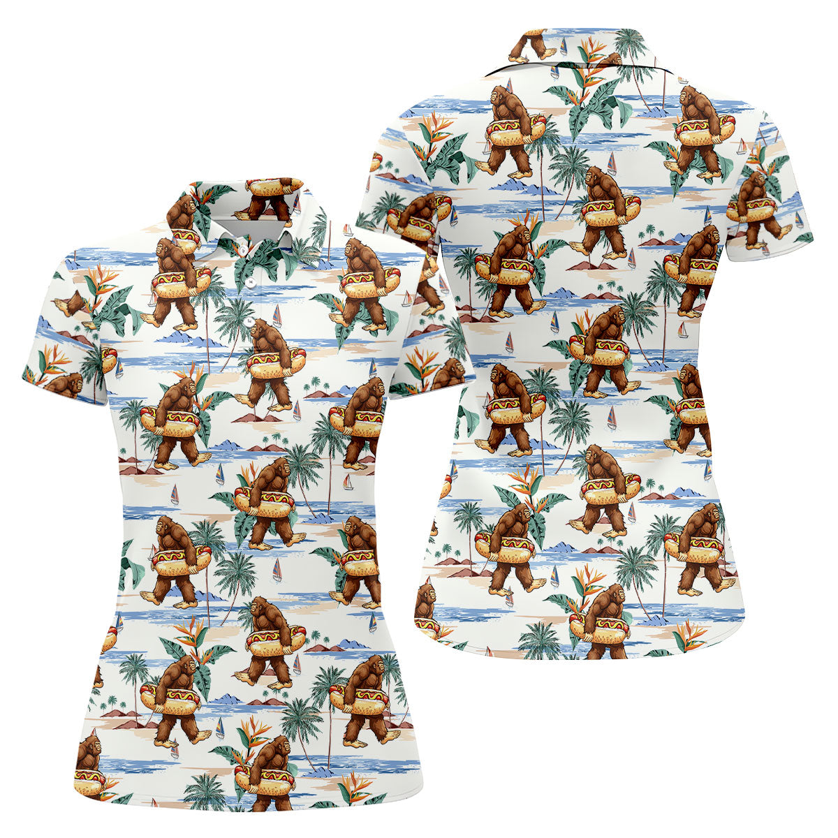 Bigfoot Hot Dog Beach Hawaiian Shirt, Women’s Golf Polo, Golf Tops For Women, Women’s Golf Apparel
