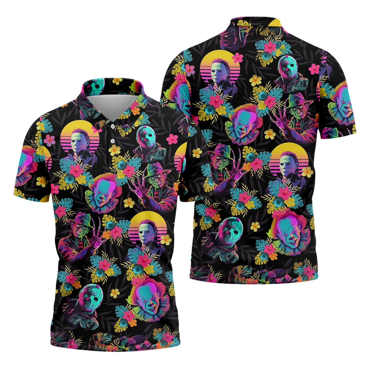 Neon Floral Halloween Horror Character Hawaiian Golf Shirt, Men's Golf Shirt, Mens Golf Polo