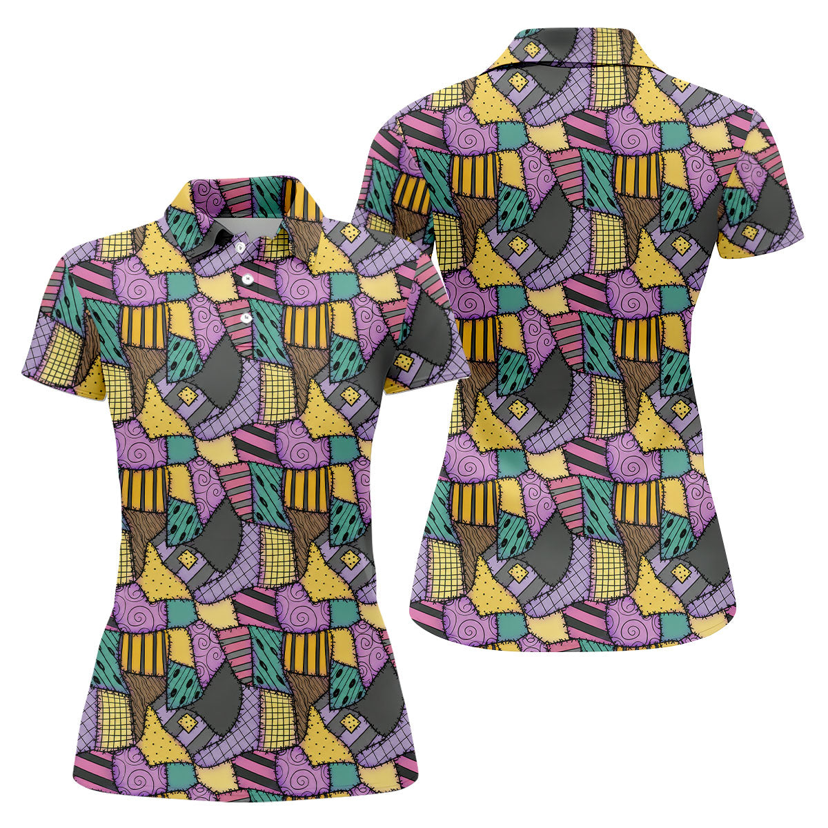 Halloween Patchwork Pattern Golf Polo Shirt, Women's Golf Tops, Golf Polo For Women