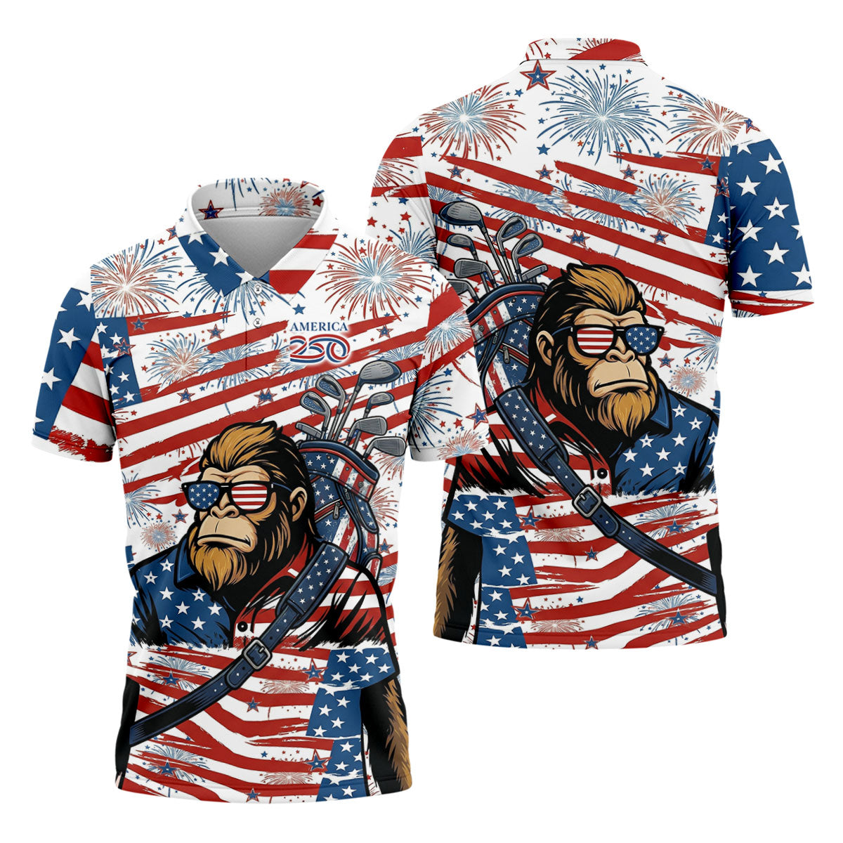 Red White Blue Stars And Stripes 250 Years Bigfoot Golf Shirt, Patriotic 4th Of July Golf Shirts For Men
