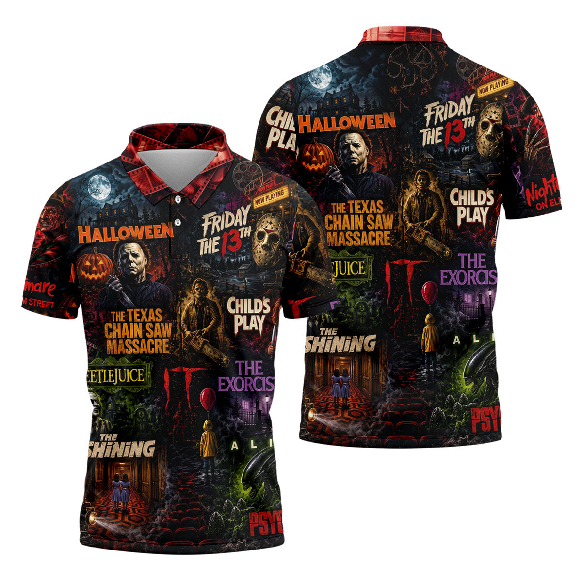 Classic Horror Character Movie Poster Collage Golf Polo Shirt, Mens Golf Polo, Printed Golf Shirts