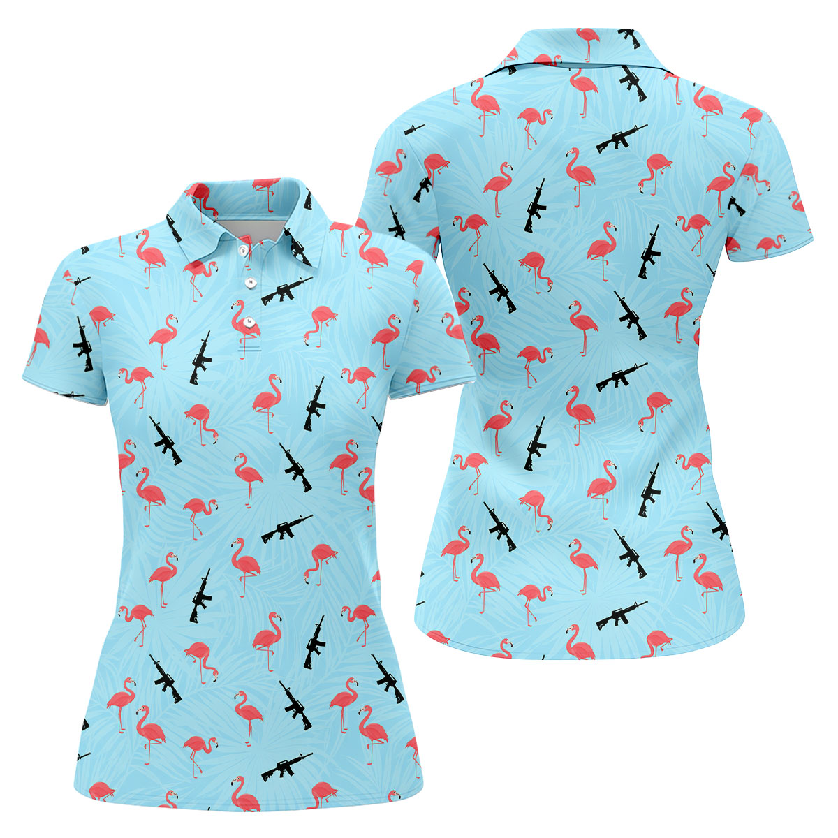 Light Blue Flamingo Pattern Golf Polo Shirt, Golf Shirts For Women, Women's Golf Polo