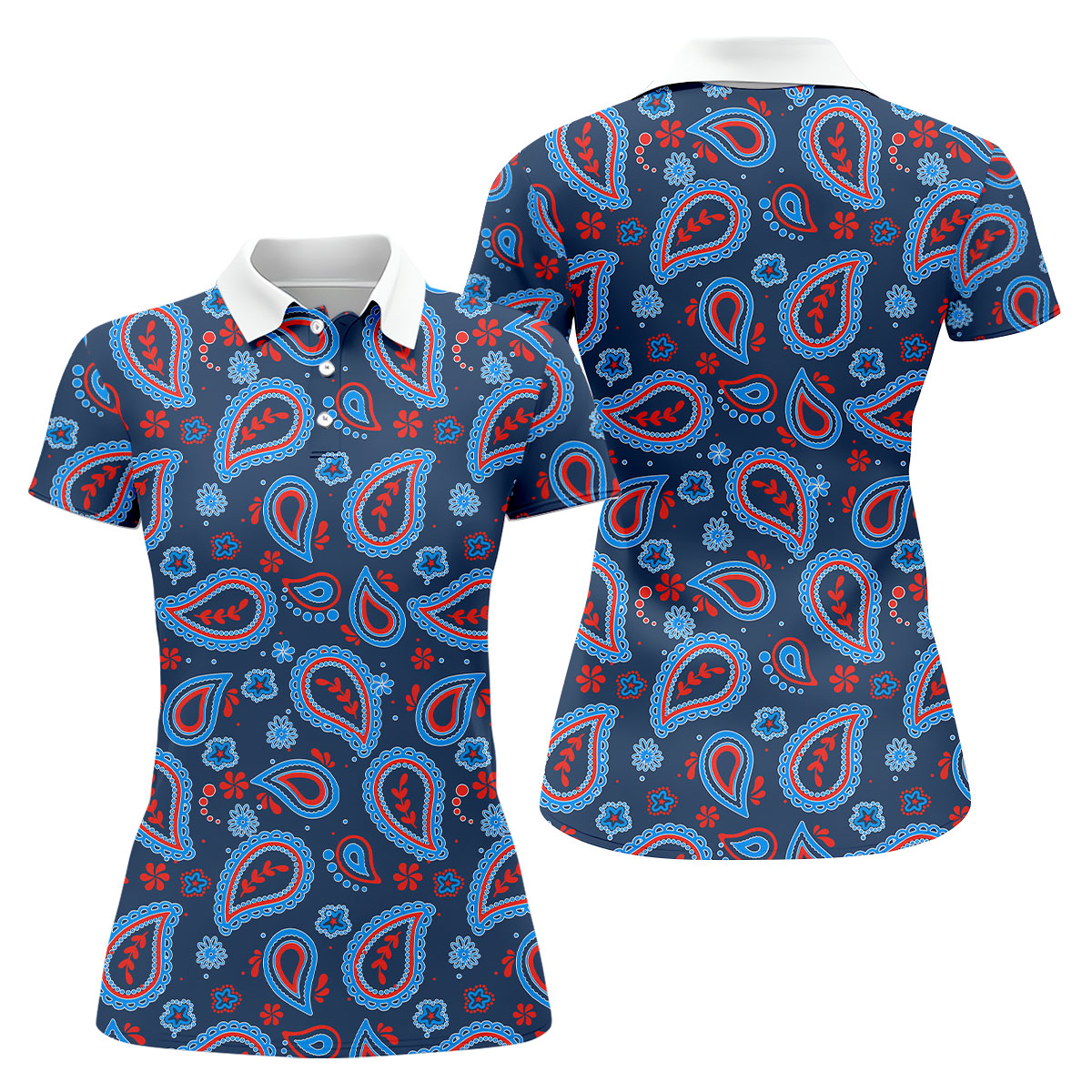 Blue Red Paisley Pattern Golf Polo Shirt, Women's Golf Polo, Golf Shirts For Women