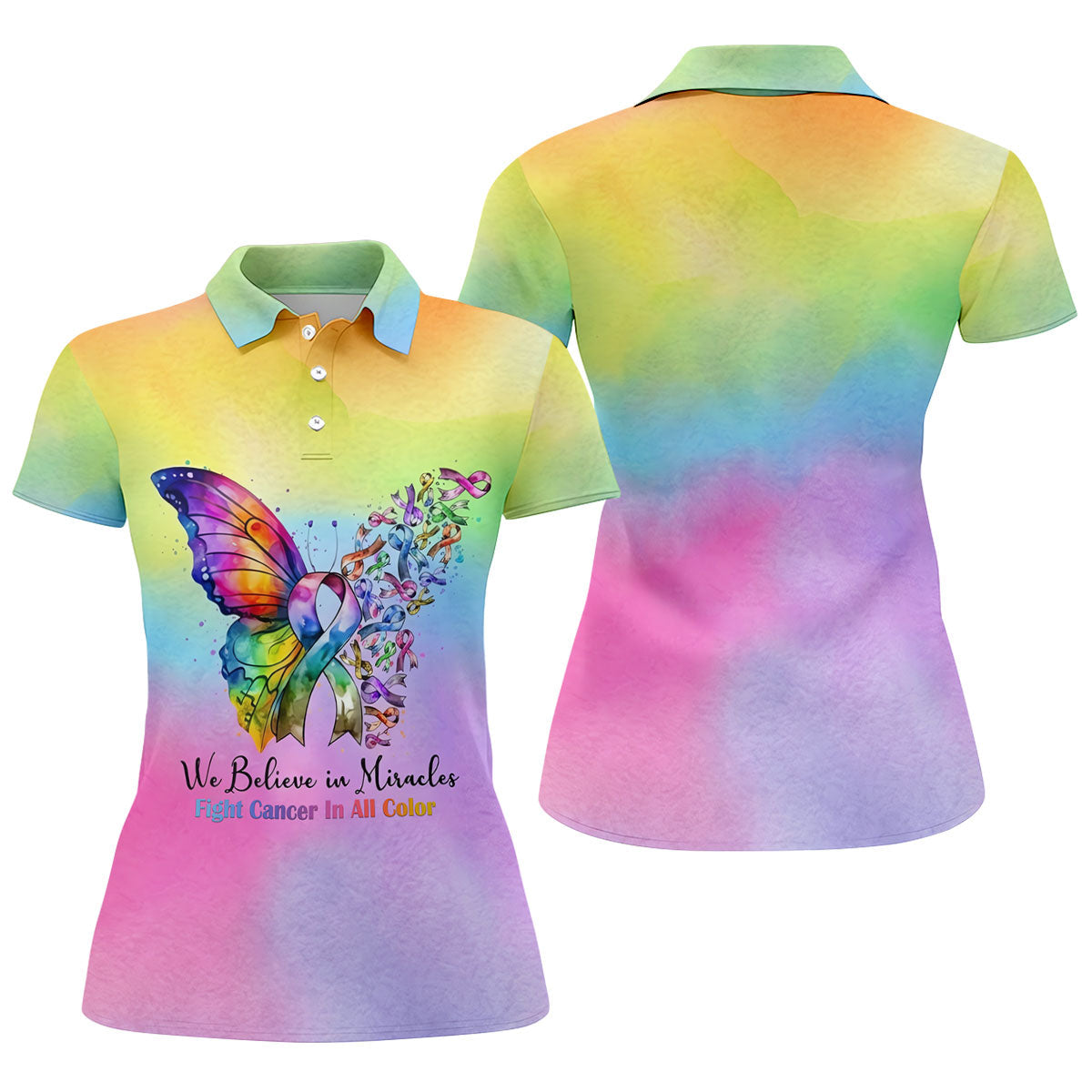 We Believe In Miracles Butterfly Cancer Polo Shirt, Golf Polo For Women, Ladies Golf Top