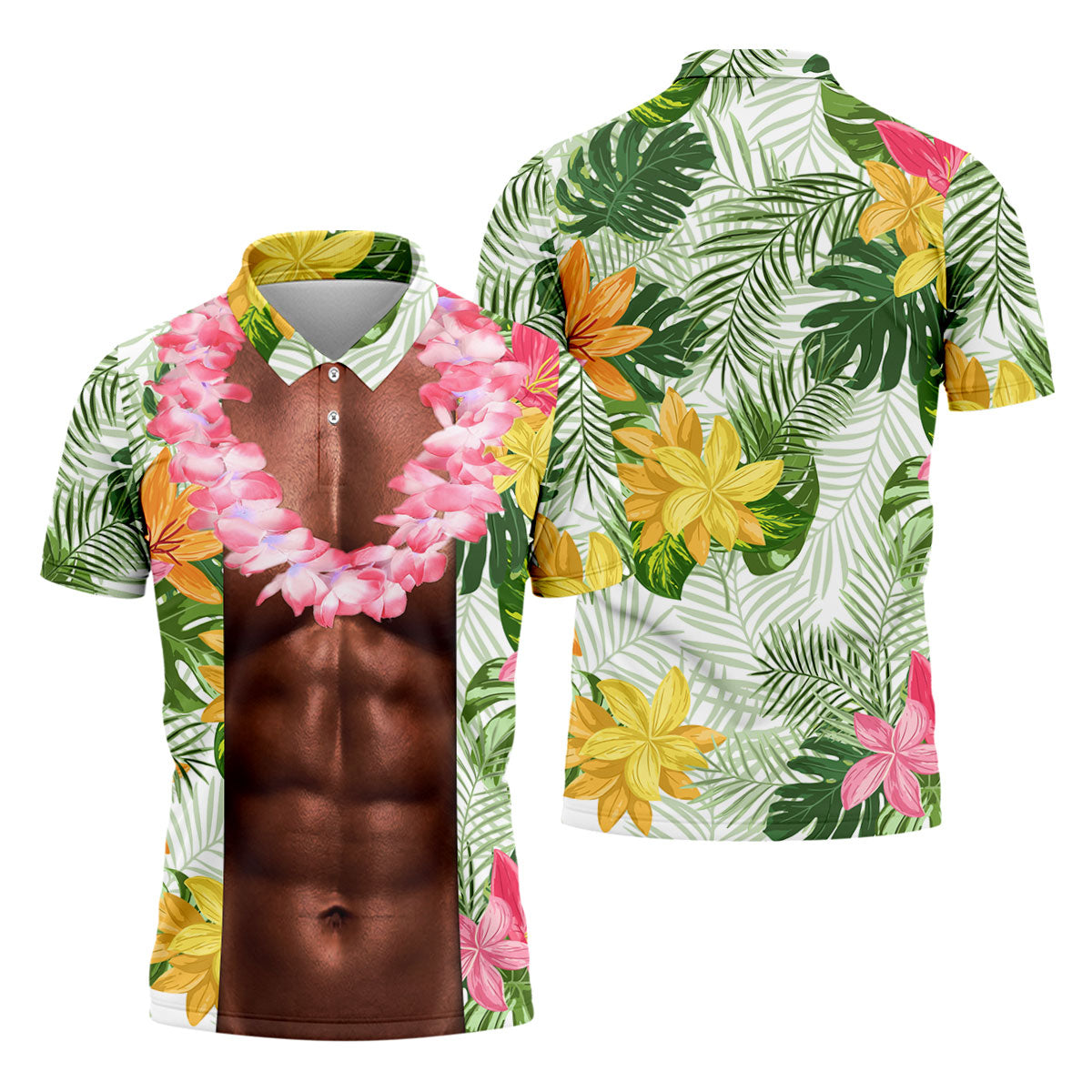 Tan Skin Tropical Muscle Chest Hawaiian Golf Polo Shirt, Golf Apparel For Men, Printed Golf Shirts
