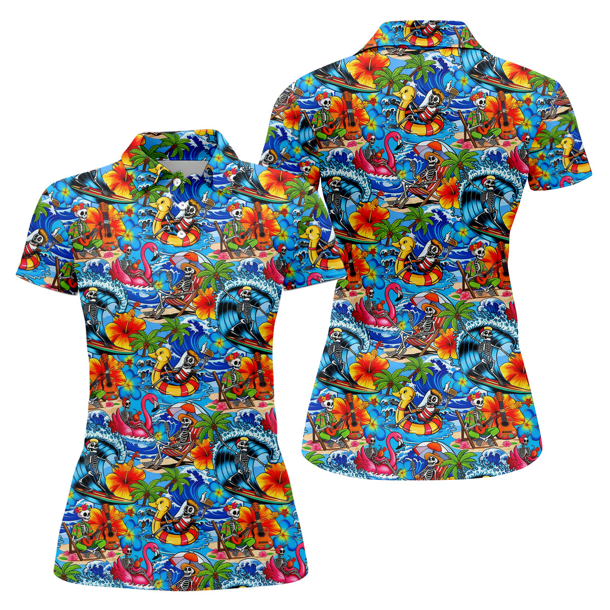 Blue Tropical Skeleton Surfer Pattern Golf Polo Shirt, Golf Shirts For Women, Women's Golf Polo