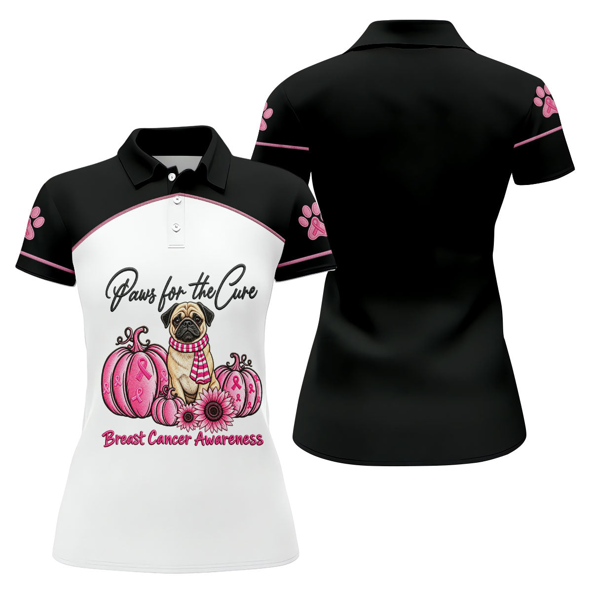 Paws For The Cure Pug Breast Cancer Polo Shirt, Womens Golf Polo, Golf Tops For Women