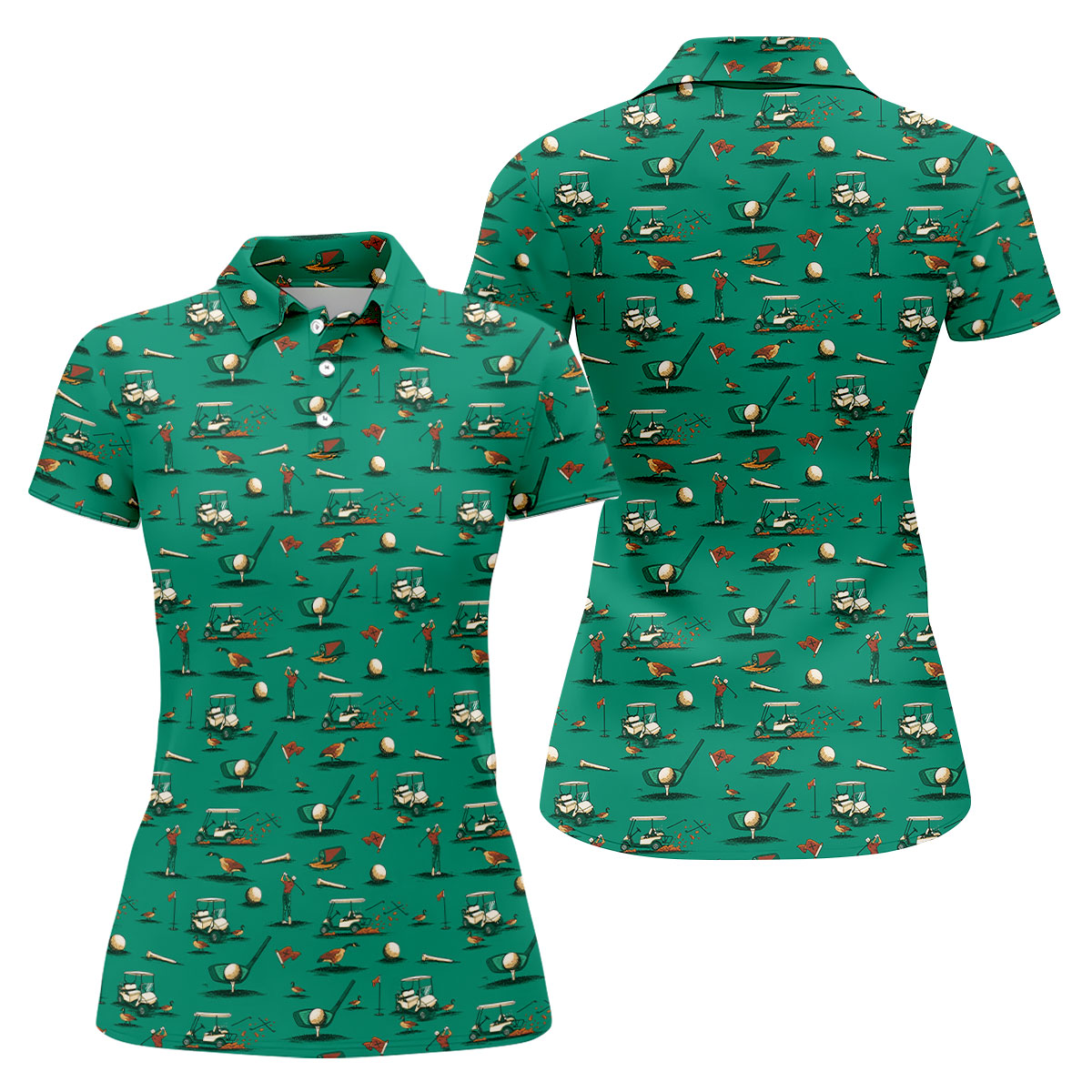 Funny Goose Golf Cart Pattern Green Polo Shirt, Womens Golf Tops, Golf Polo For Women