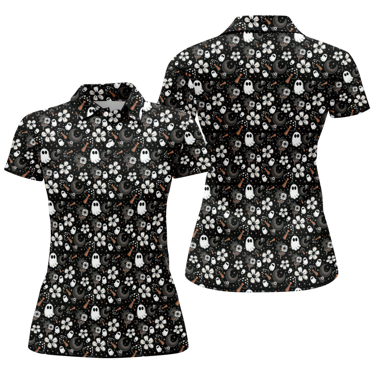Ghost Horror Character Floral Halloween Golf Polo Shirt, Spooky Shirt, Women's Golf Shirt