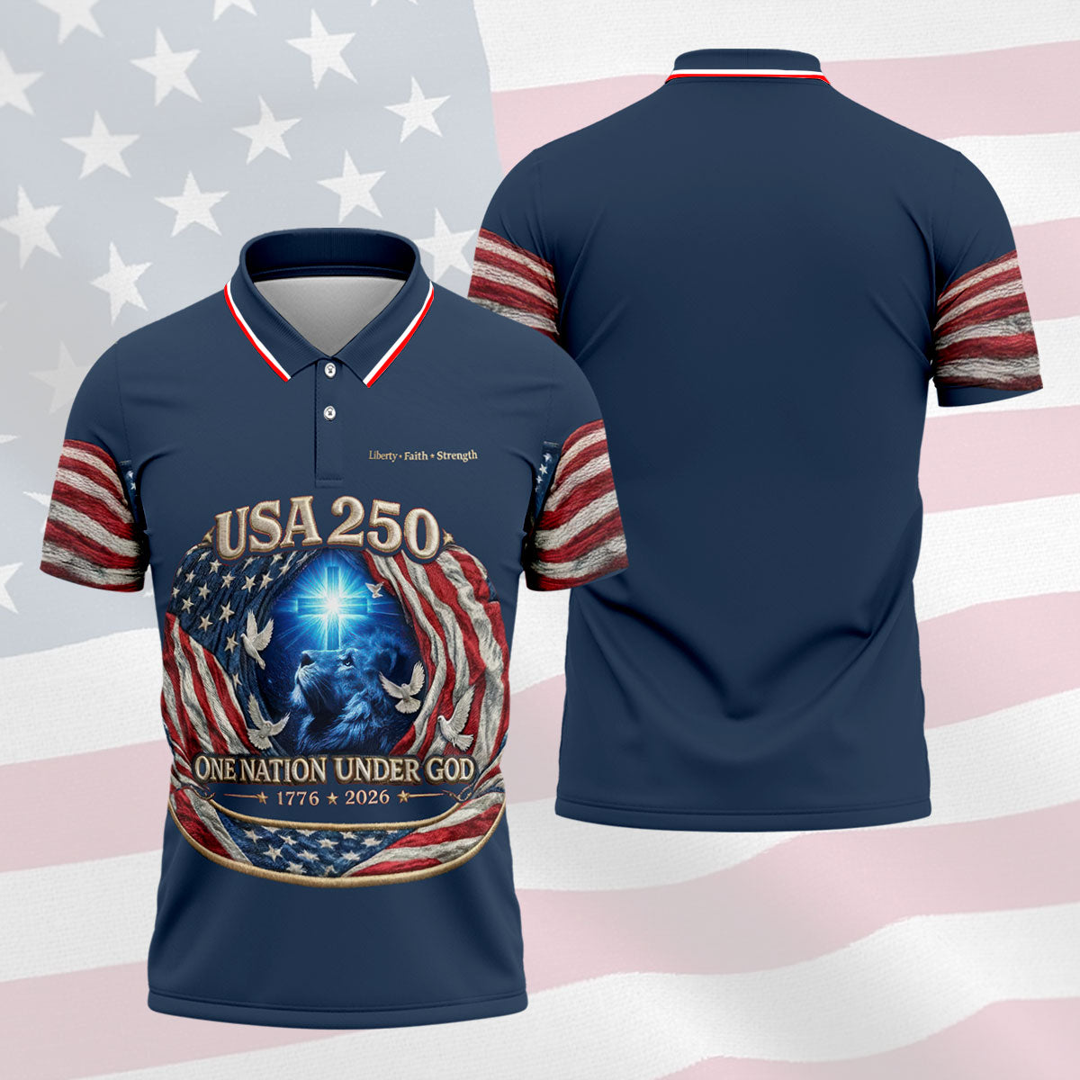 One Nation Under God Faith Cross USA 250 Navy Golf Shirt, 4th Of July Golf Shirts For Men