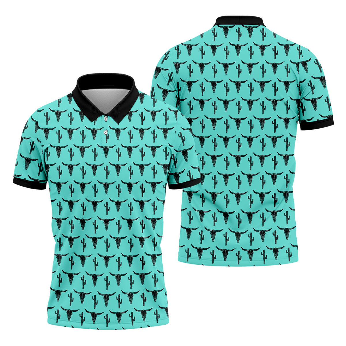 Longhorn Cow Skull Western Theme Peacock Blue Golf Tops For Men, Polo Shirts For Men, Golf Shirts For Men