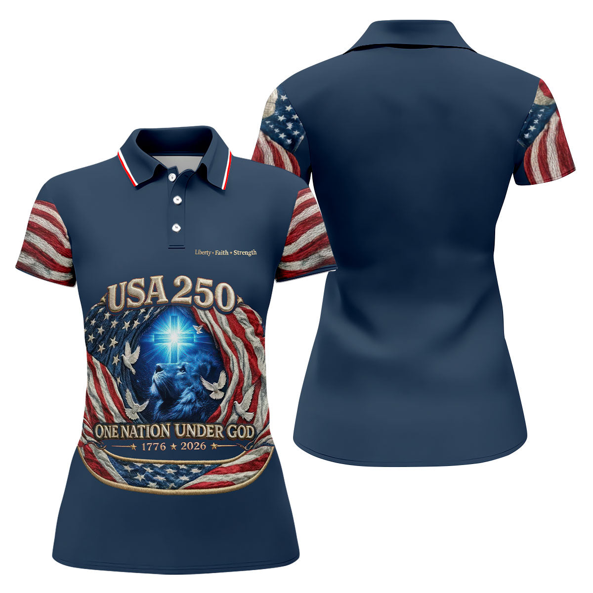 One Nation Under God Faith Cross USA 250 Navy Golf Shirt, 4th Of July Golf Shirt For Women