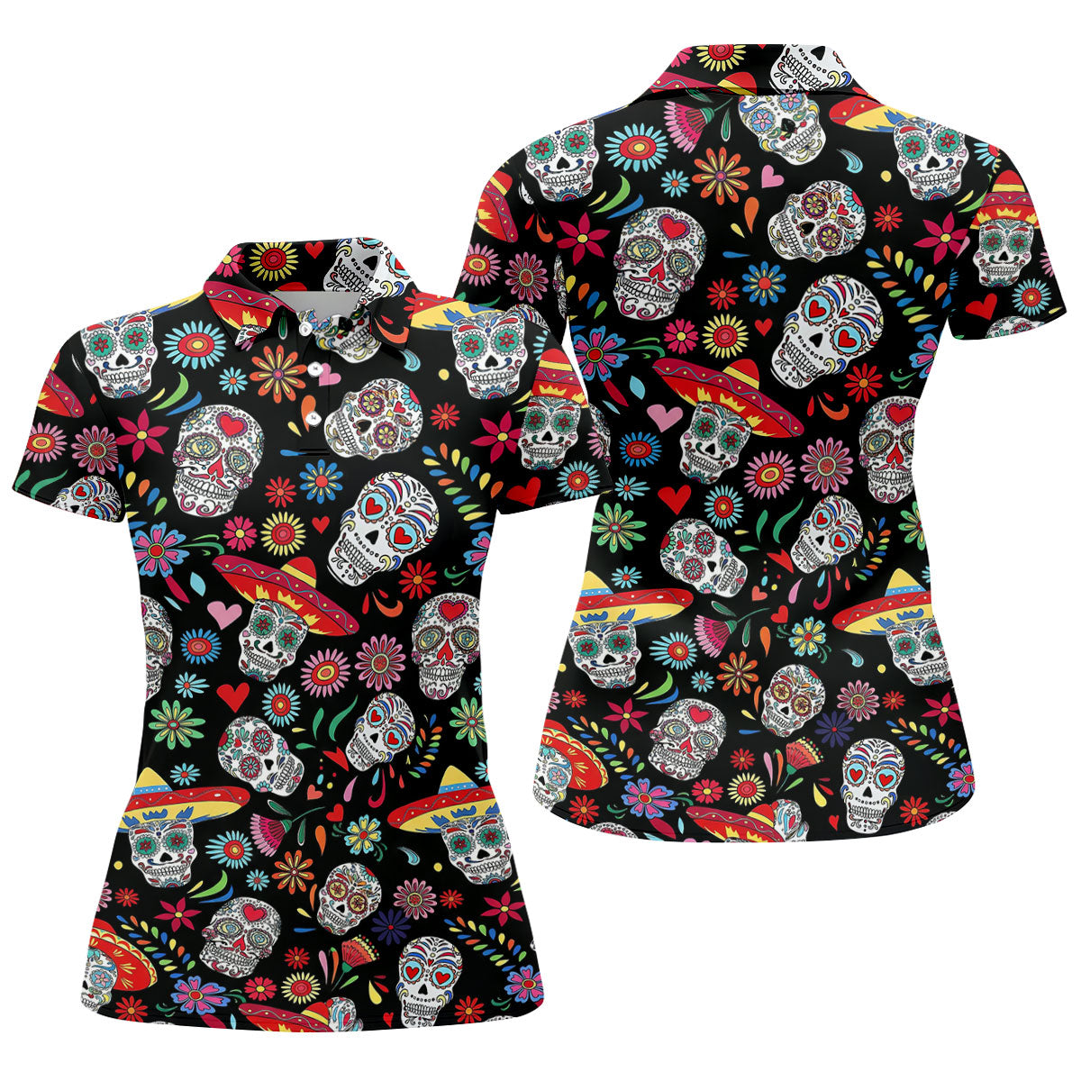 Day Of The Dead FLoral Sugar Skull Cinco De Mayo Celebration Fiesta Themed Golf Shirt For Women