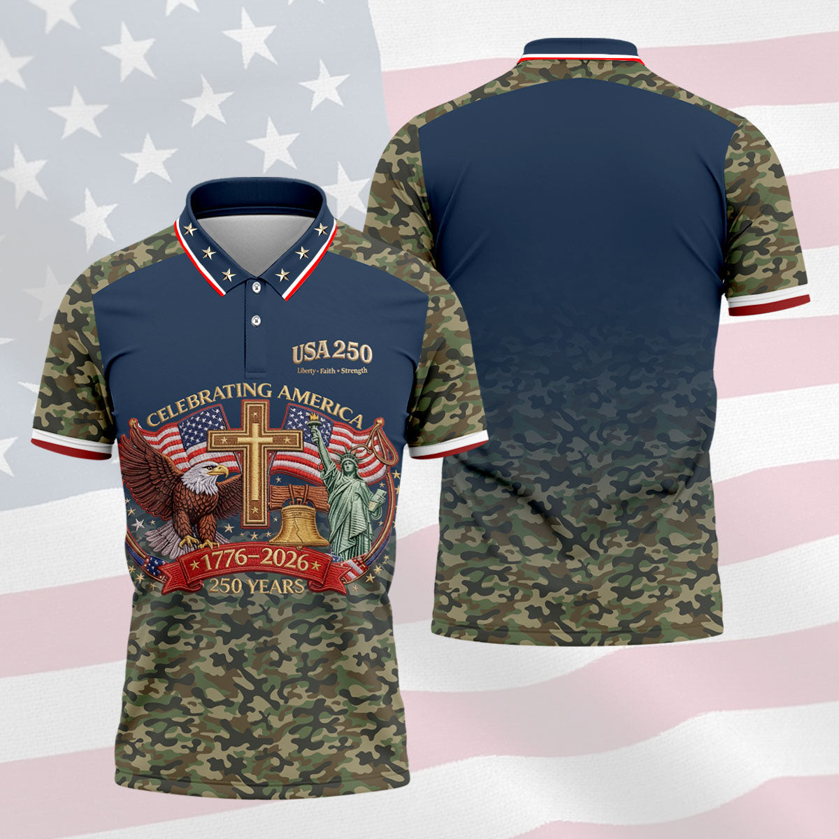 Liberty Faith Strength Faith Cross USA 250 Navy Camo Golf Shirt, 4th Of July Golf Shirts For Men