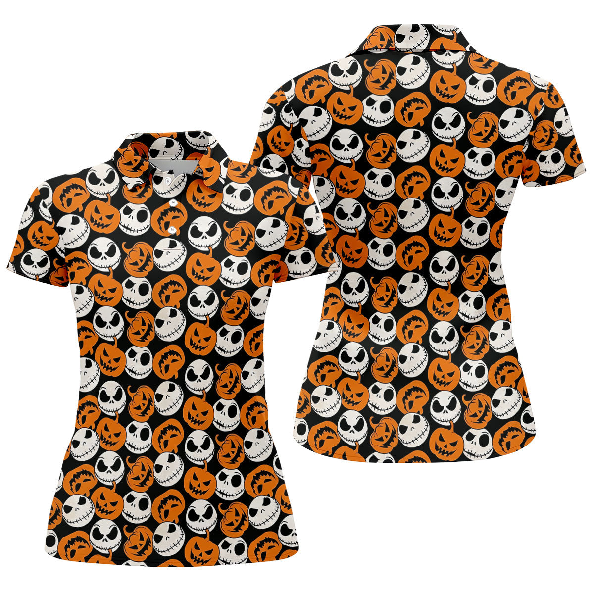 Halloween Skull Pumpkin Pattern Golf Polo Shirt, Ladies Golf Tops, Golf Shirts For Women