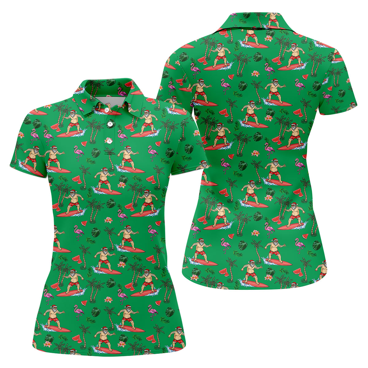 Surfing Santa Tropical Beach Golf Polo Shirt, Christmas Golf Shirt, Women’s Golf Apparel, Golf Polo For Women