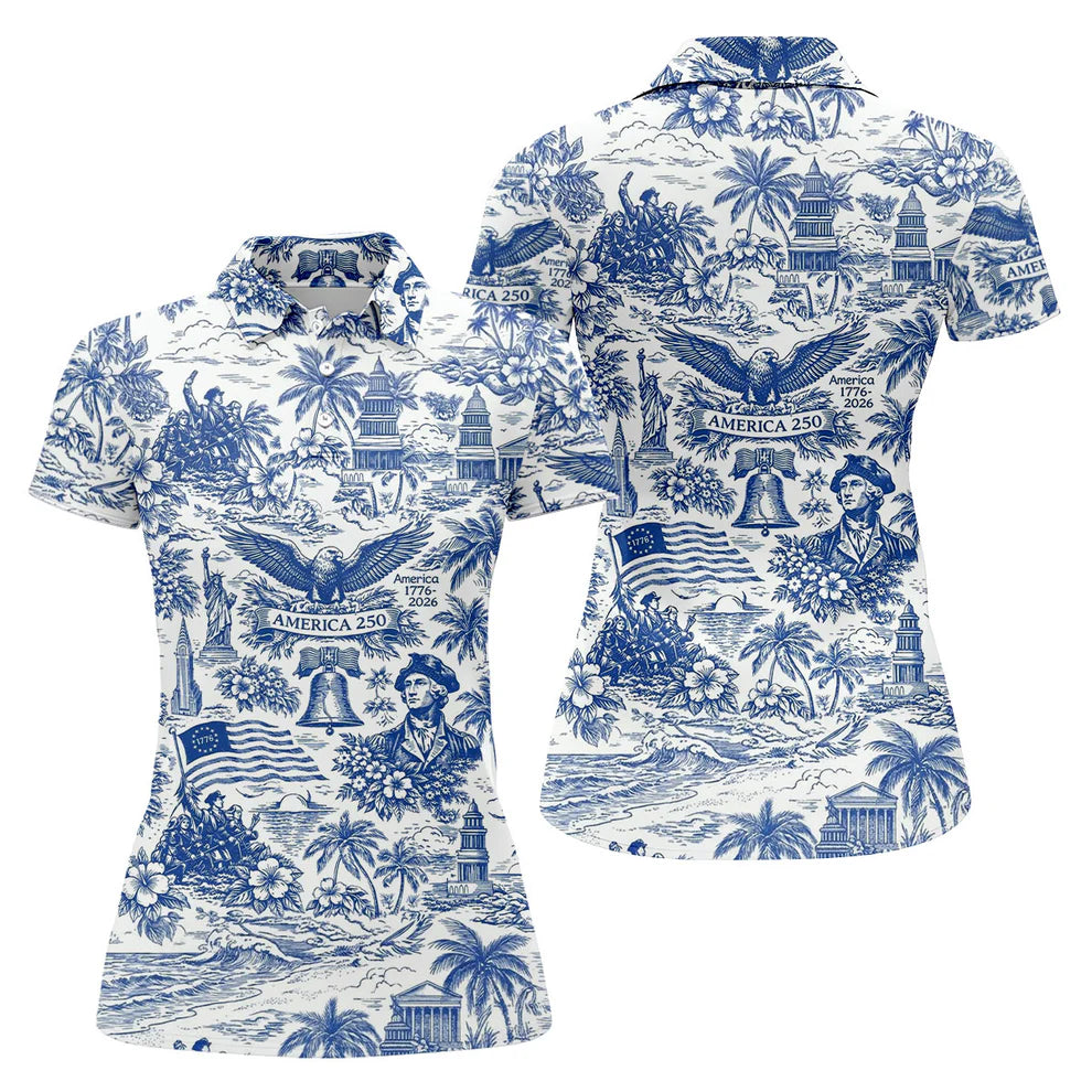 250 Years Of America Tropical Vibe Vintage Golf Polo Shirt, Patriotic 4th Of July Golf Shirt For Women