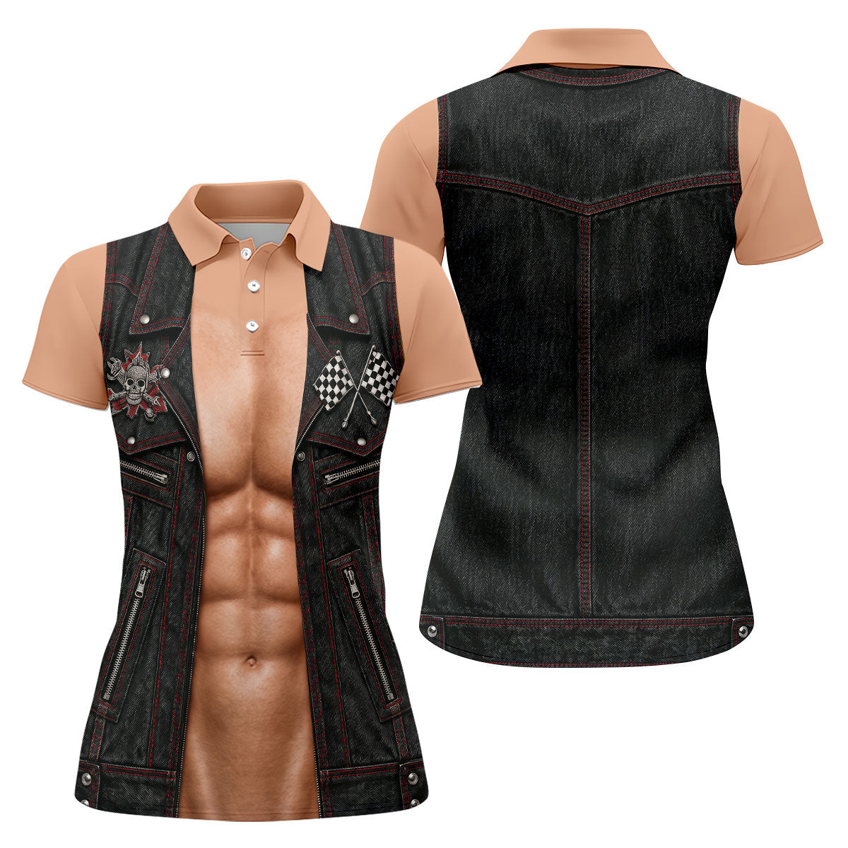 Black Red Racing Leather Vest Golf Polo Shirt, Ladies Golf Shirts, Women's Golf Apparel