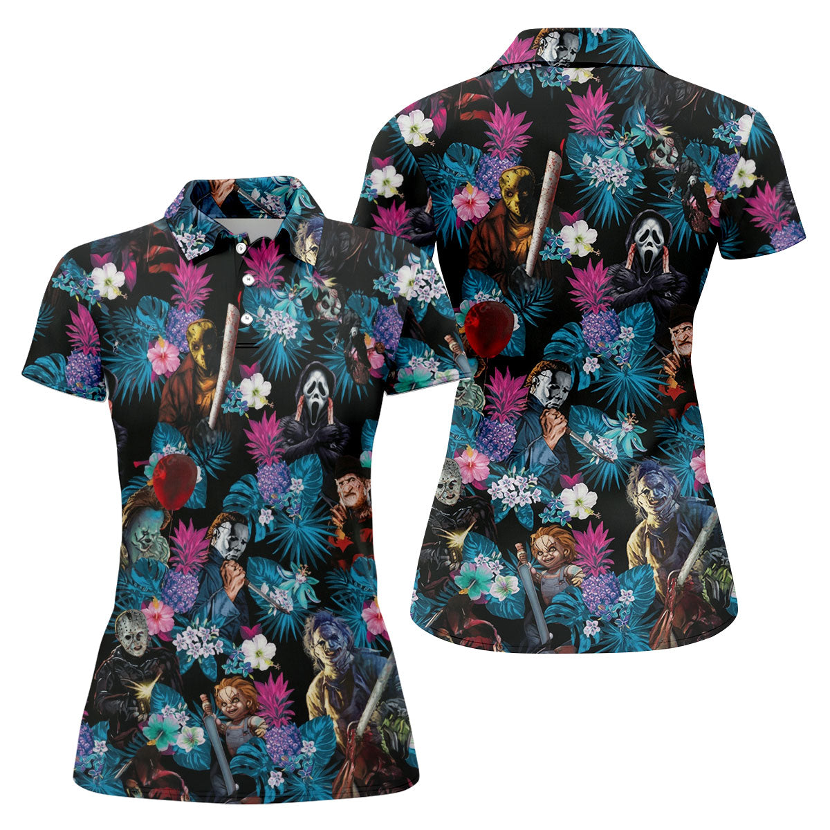 Tropical Horror Movie Villains Halloween Golf Polo Shirt, Golf Shirts For Women, Ladies Golf Tops