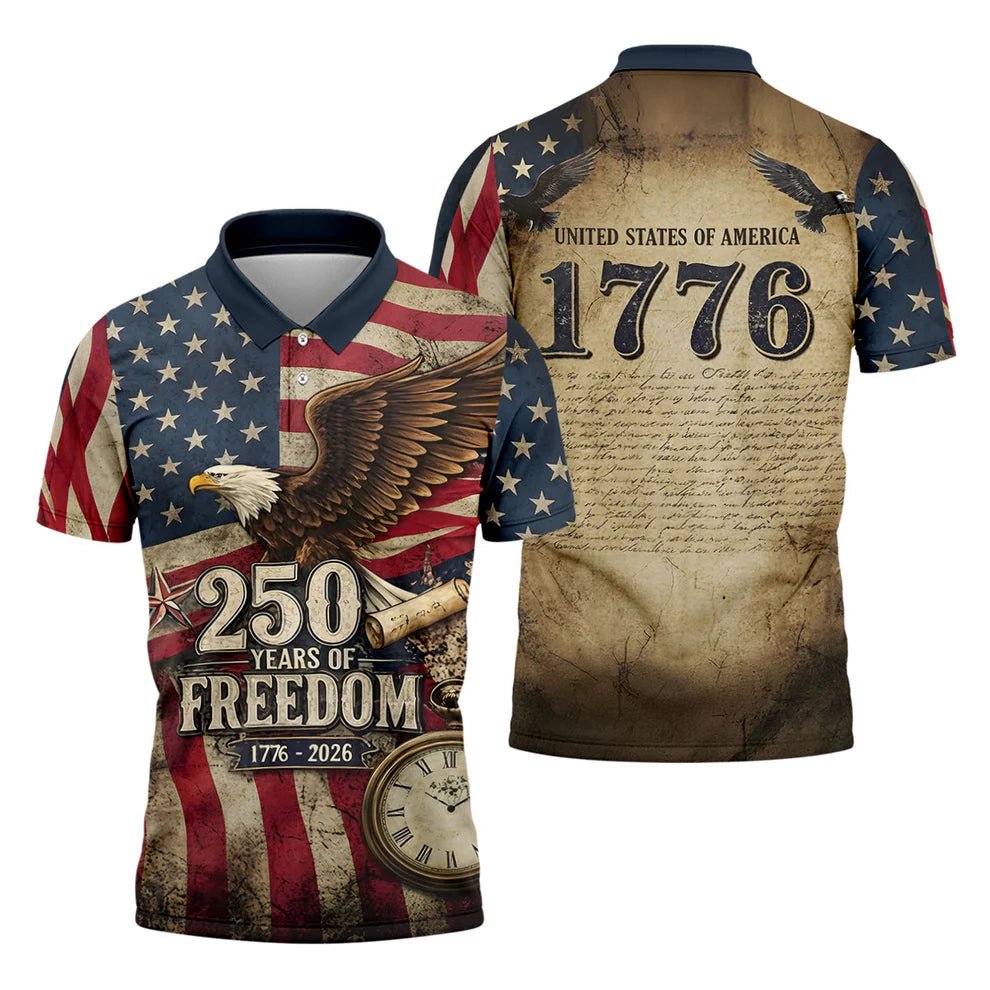 250 Years Of Freedom US Bald Eagle Retro US Flag Golf Tops For Men, Patriotic 4th Of July Golf Shirts For Men
