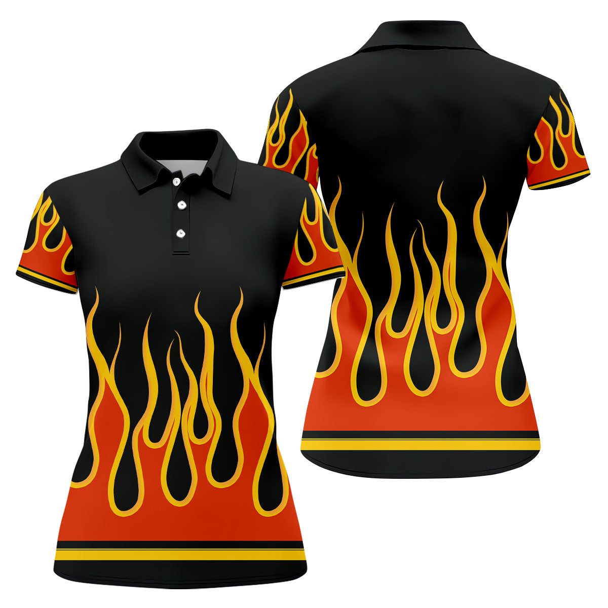 Black Orange Yellow Flame Sleeve Golf Shirt, Golf Polo For Women, Printed Golf Shirt