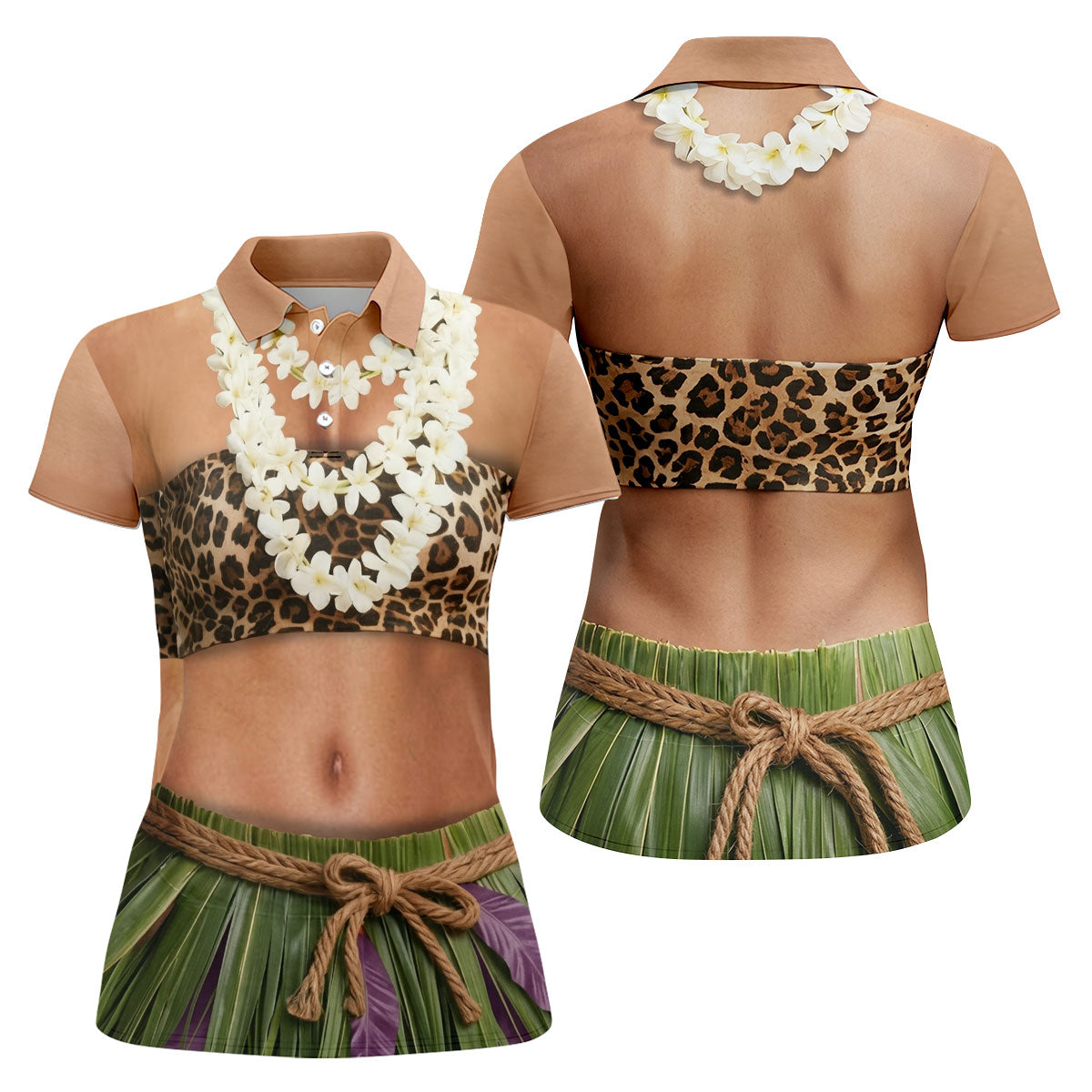 Floral Lei Tropical Theme Party Leopard Print Hawaiian Golf Shirt, Golf Shirt For Women