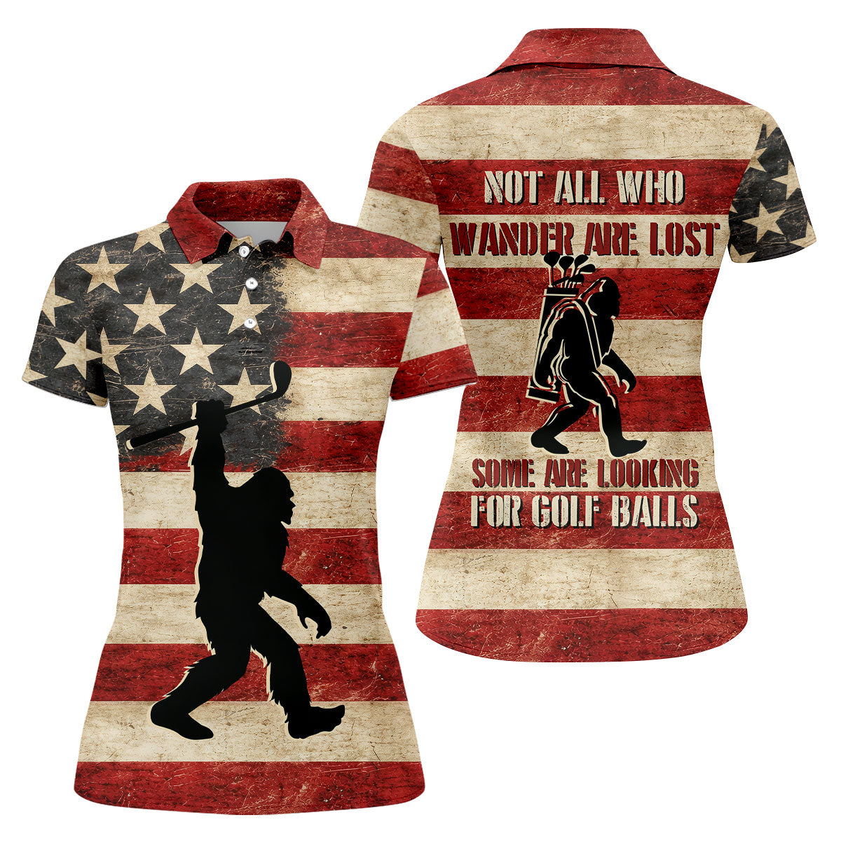 Vintage American Flag Bigfoot Golfer Polo Shirt, Women’s Golf Polo, Golf Tops For Women