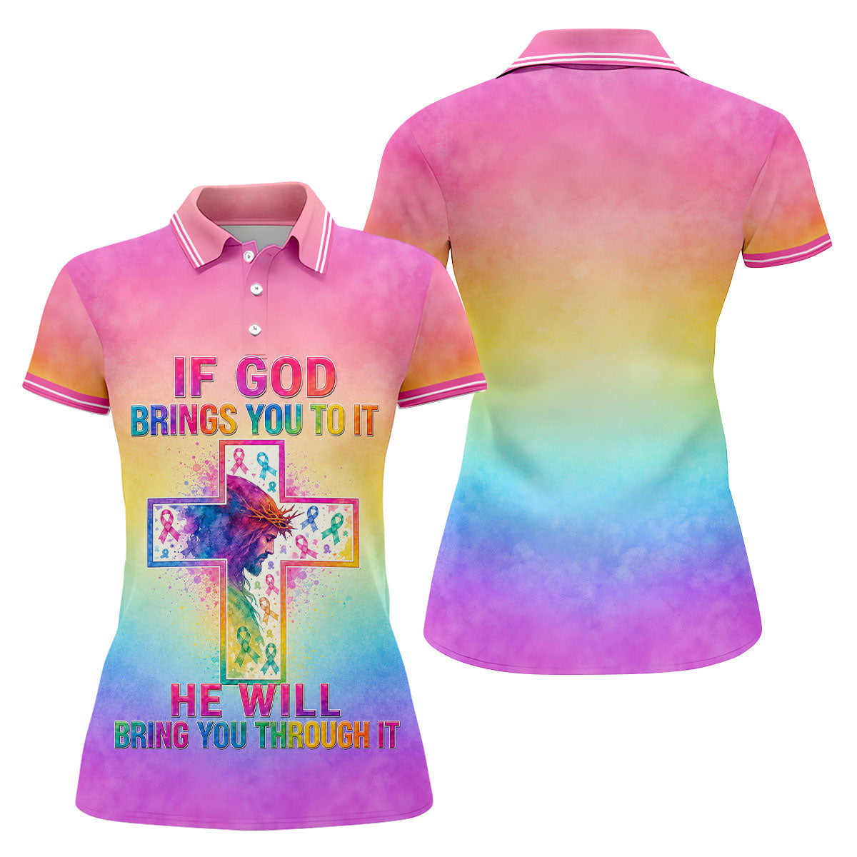 If God Brings You To It Cancer Cross Polo Shirt, Ladies Golf Tops, Printed Golf Shirt