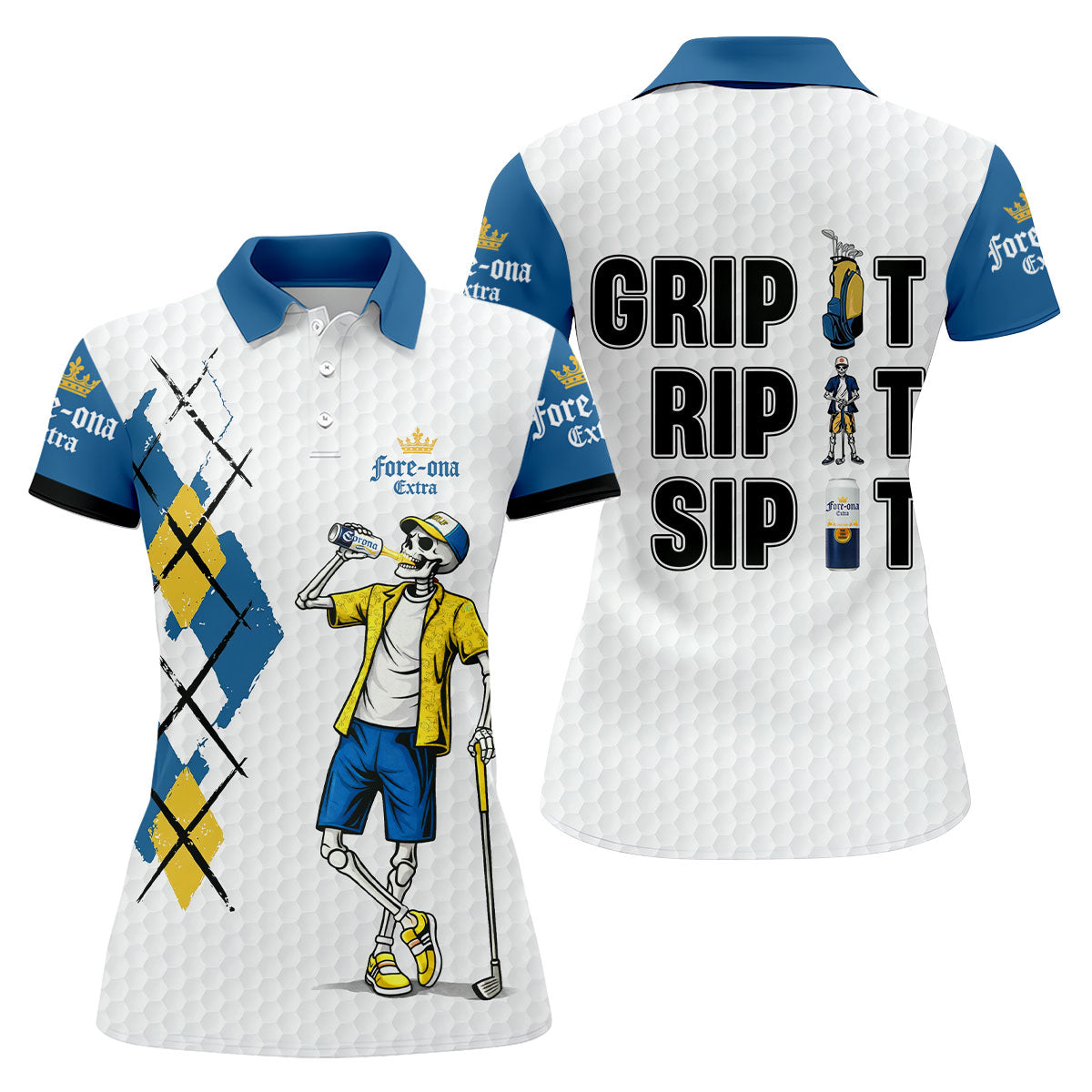 Blue Yellow Skeleton Golfer Beer Polo Shirt, Women’s Golf Apparel, Golf Shirts For Women