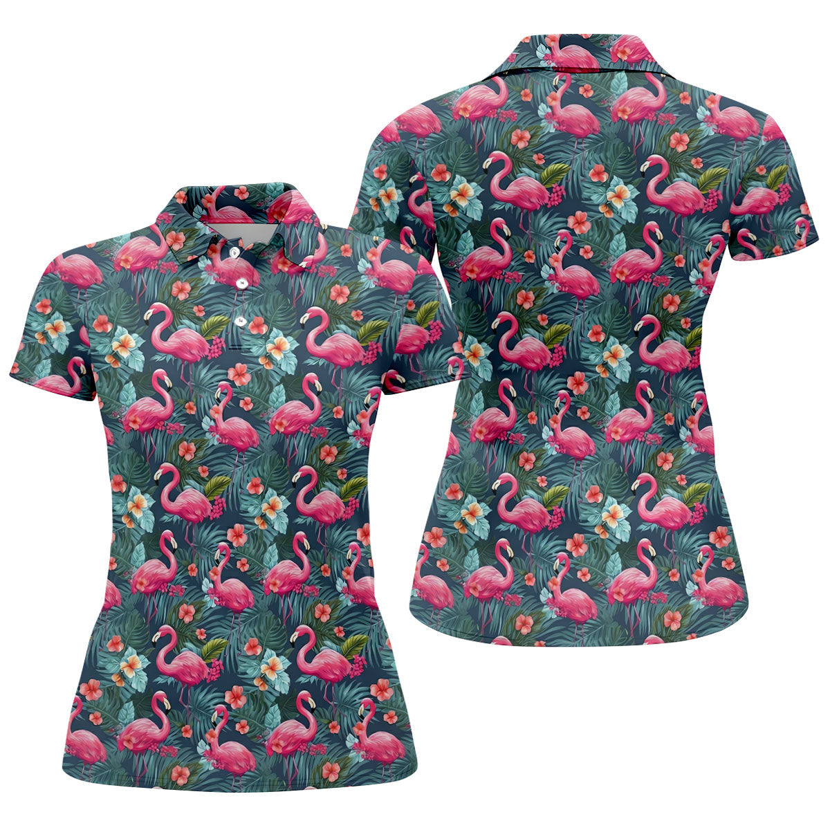 Pink Flamingo Tropical Floral Golf Polo Shirt, Golf Shirts For Women, Women's Golf Apparel