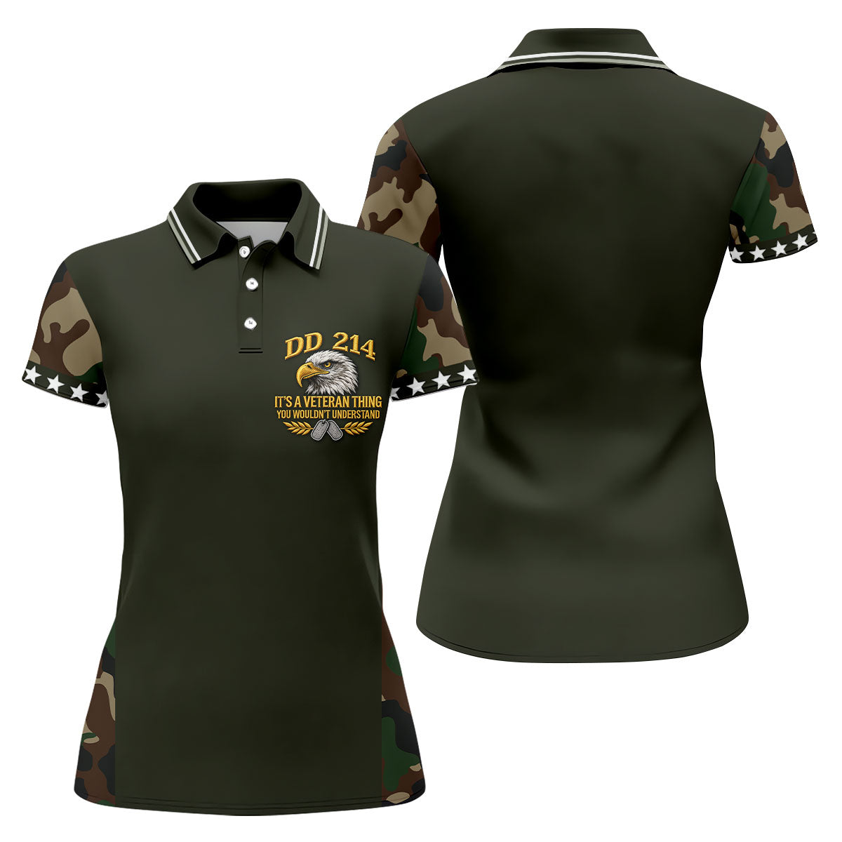 DD-214 Eagle Olive Green Camo Polo Shirt, Womens Golf Shirts, Veterans Day Golf Shirt