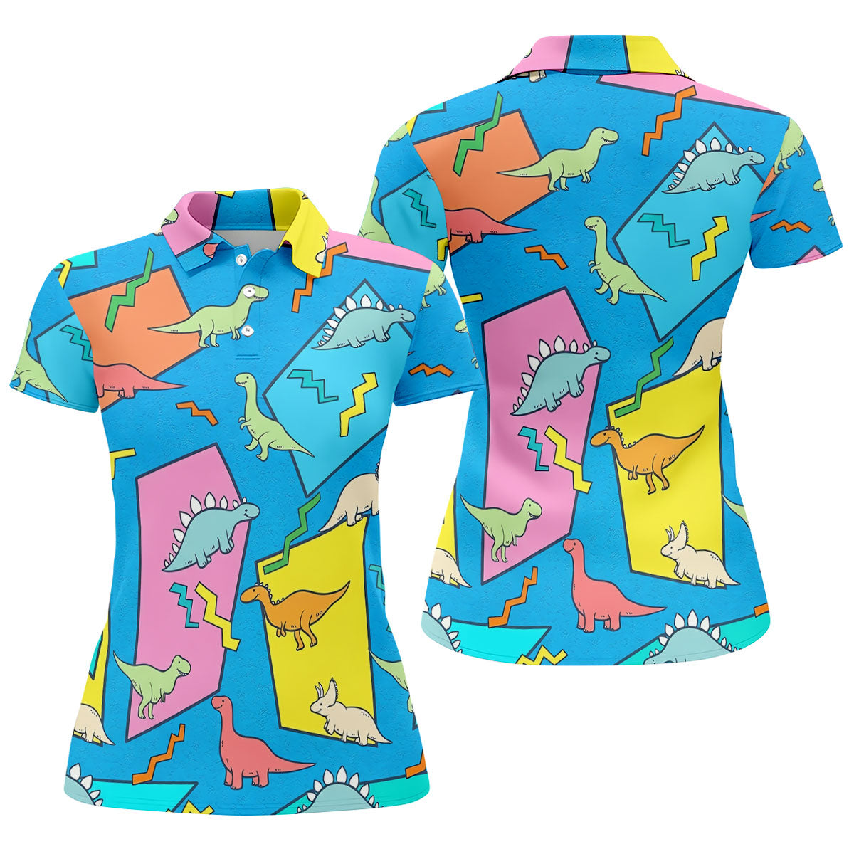 Retro Colorful Dinosaur Pattern Golf Shirt, Women's Golf Tops, Golf Shirts For Women