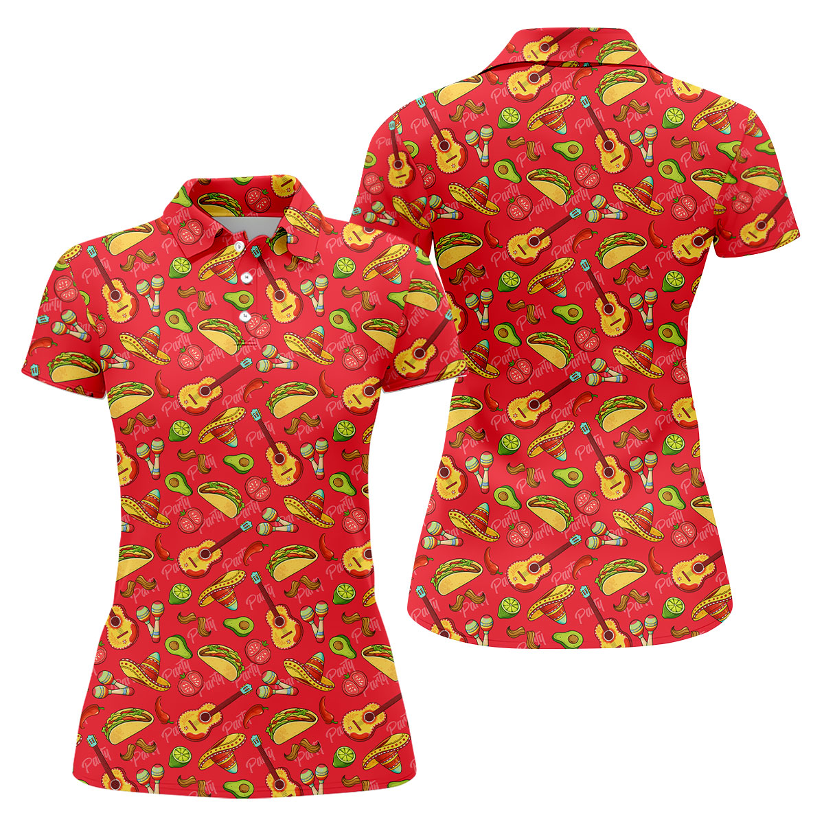 Mexican Party Seamless Pattern Red Ladies Golf Tops, Cinco De Mayo Celebration Golf Shirt For Women