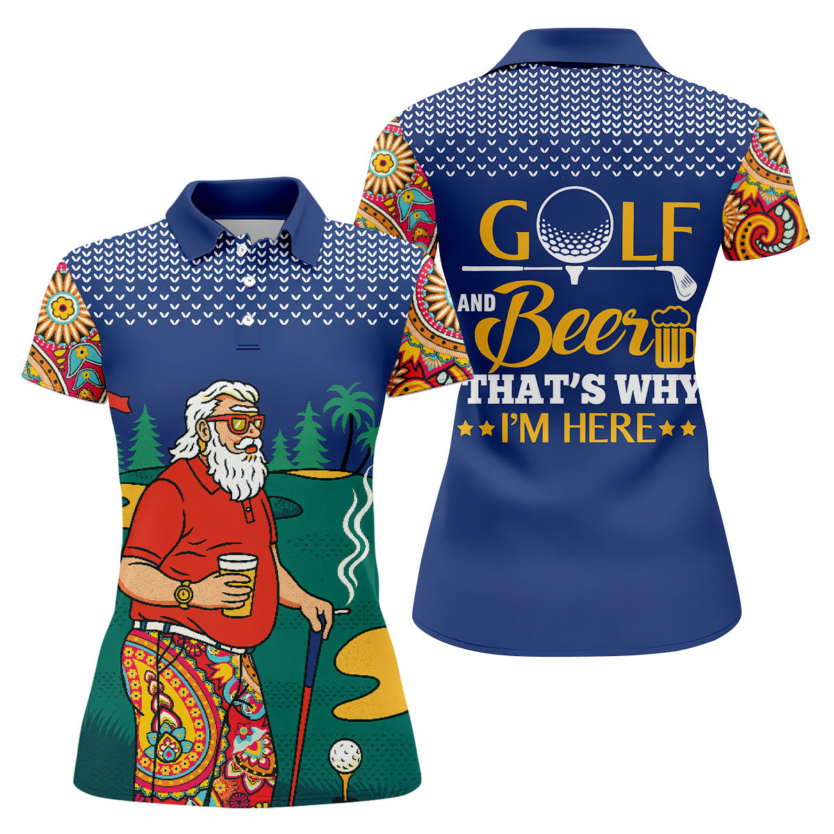 Funny Bearded Golfer With Beer And Paisley Sleeves Golf Polo, Golf Tops For Women, Ladies Golf Top