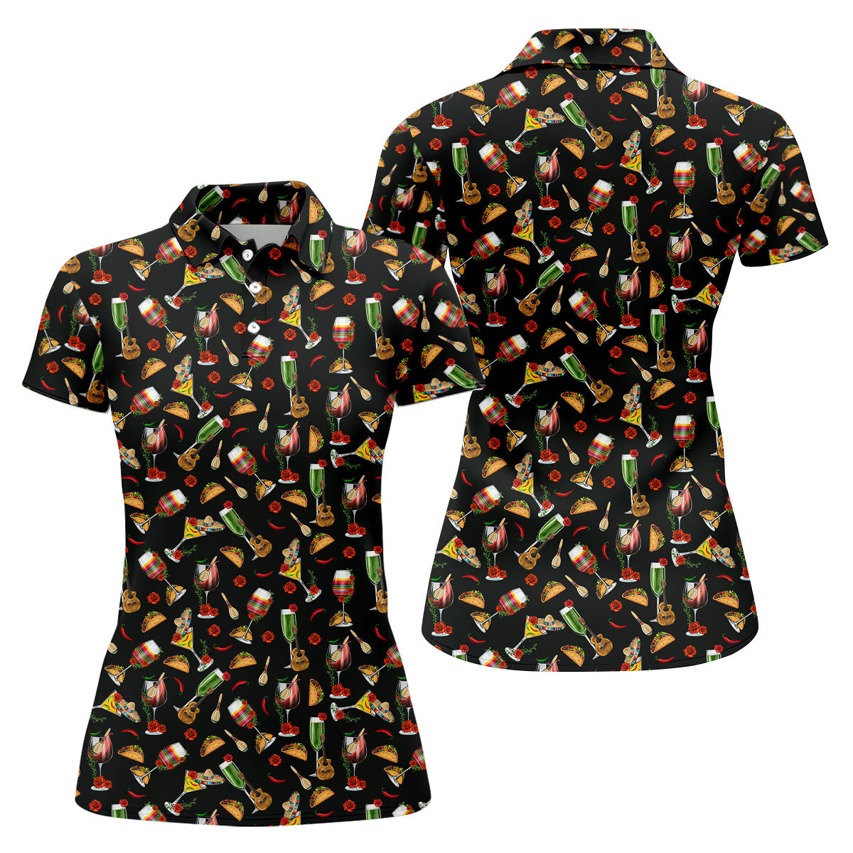 Traditional Mexican Taco And Wine Ladies Golf Tops, Cinco De Mayo Celebration Golf Shirt For Women