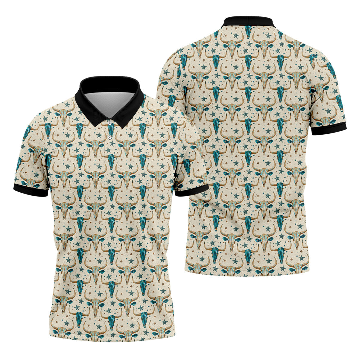 Cow Skulls Turquoise And Beige Western Theme Golf Tops For Men, Polo Shirts For Men, Golf Shirts For Men