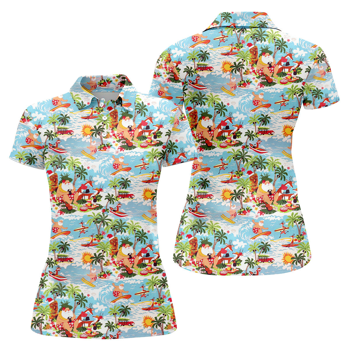 Surfing Santa Tropical Christmas Golf Shirt, Beach Reindeer Holiday Polo, Women's Golf Tops, Printed Golf Shirt