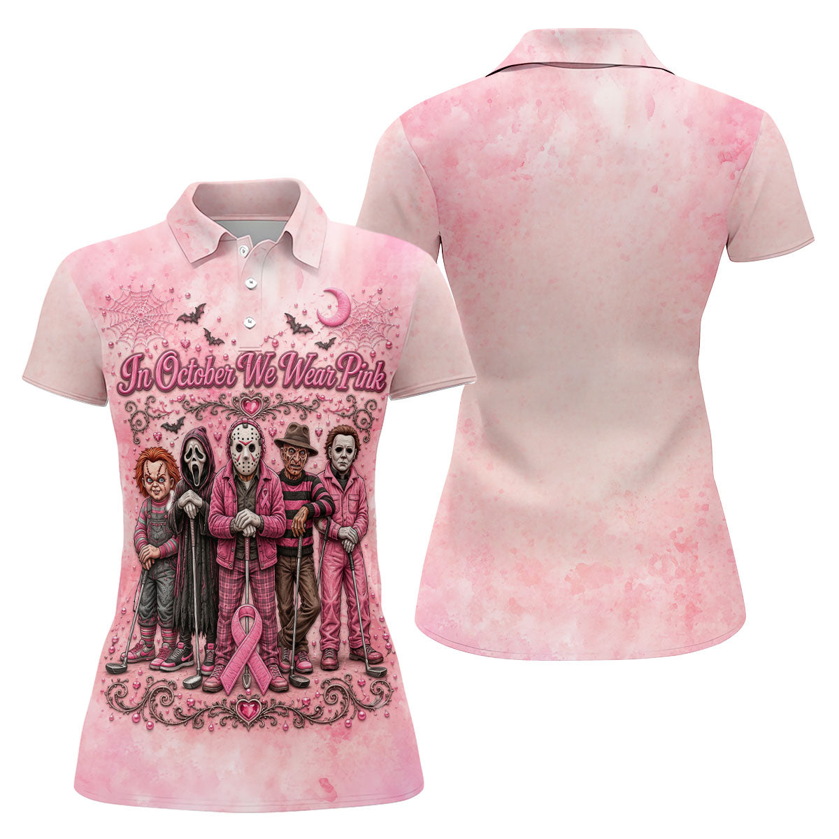 In October We Wear Pink Breast Cancer Horror Characters Golf Polo, Golf Shirts For Women
