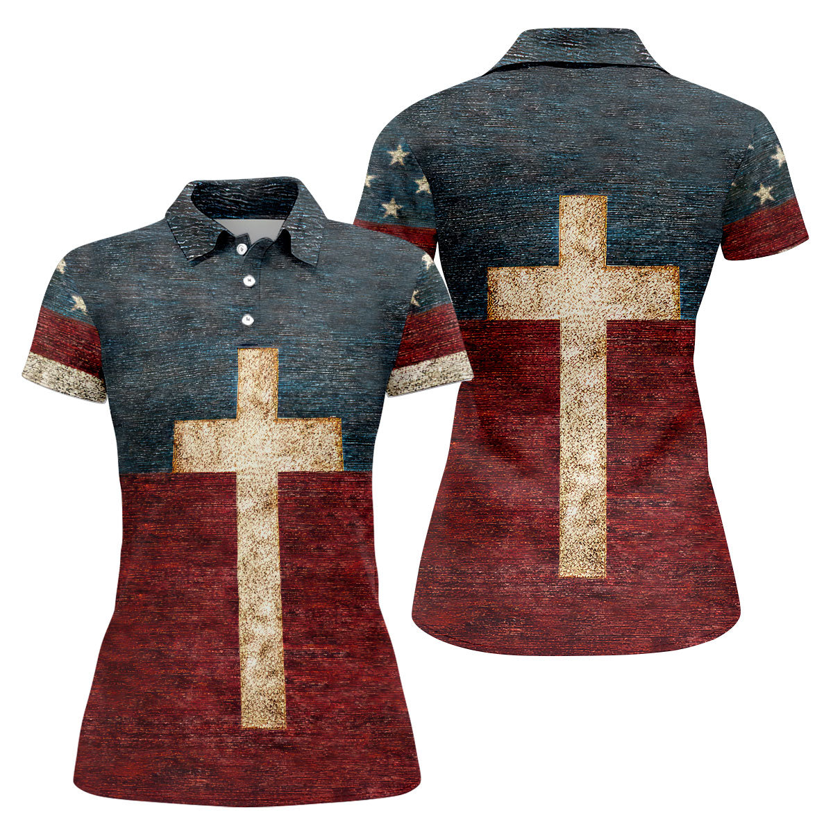 American Flag USA Faith Christian Cross Golf Shirt, Patriotic 4th Of July Golf Shirt For Women