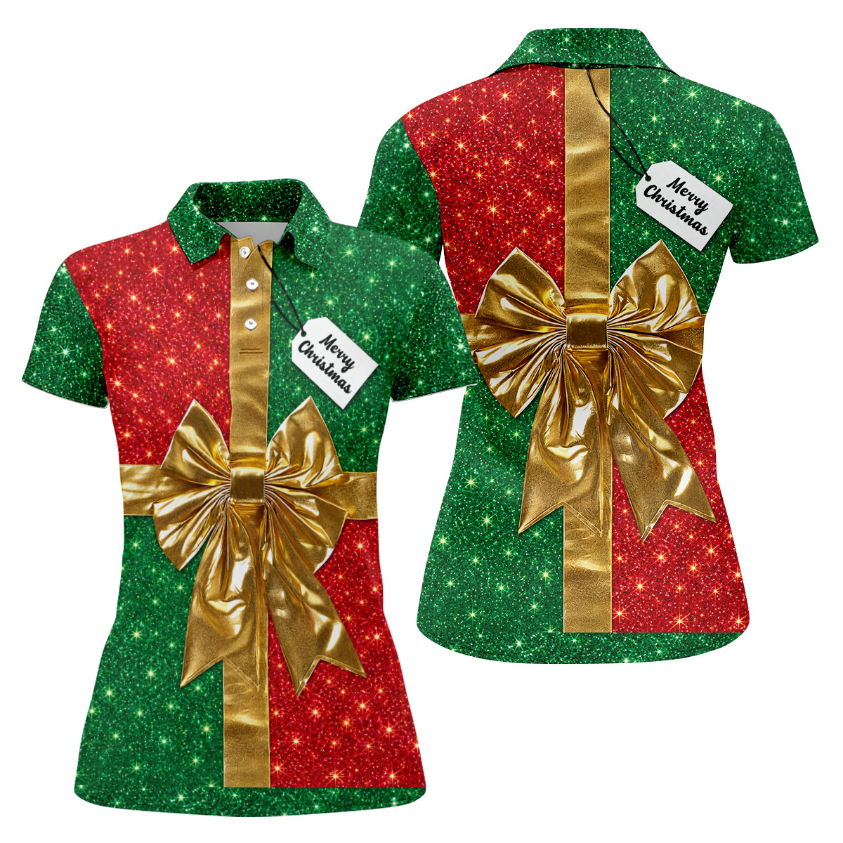 Merry Christmas Golden Gift Bow Golf Polo Shirt, Ladies Golf Shirts, Golf Shirts For Women