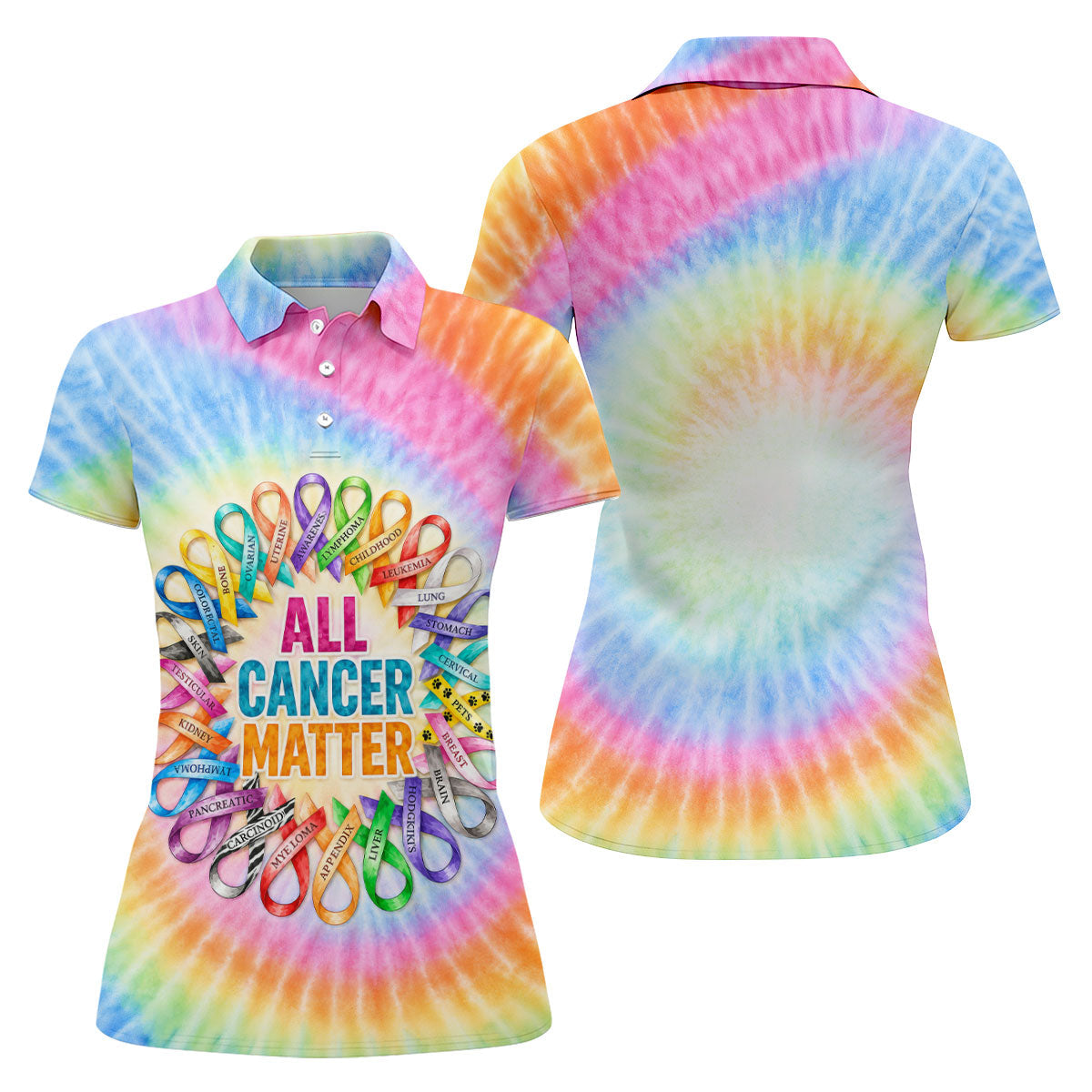 All Cancer Matter Colorful Ribbon Polo Shirt, Ladies Golf Tops, Printed Golf Shirt