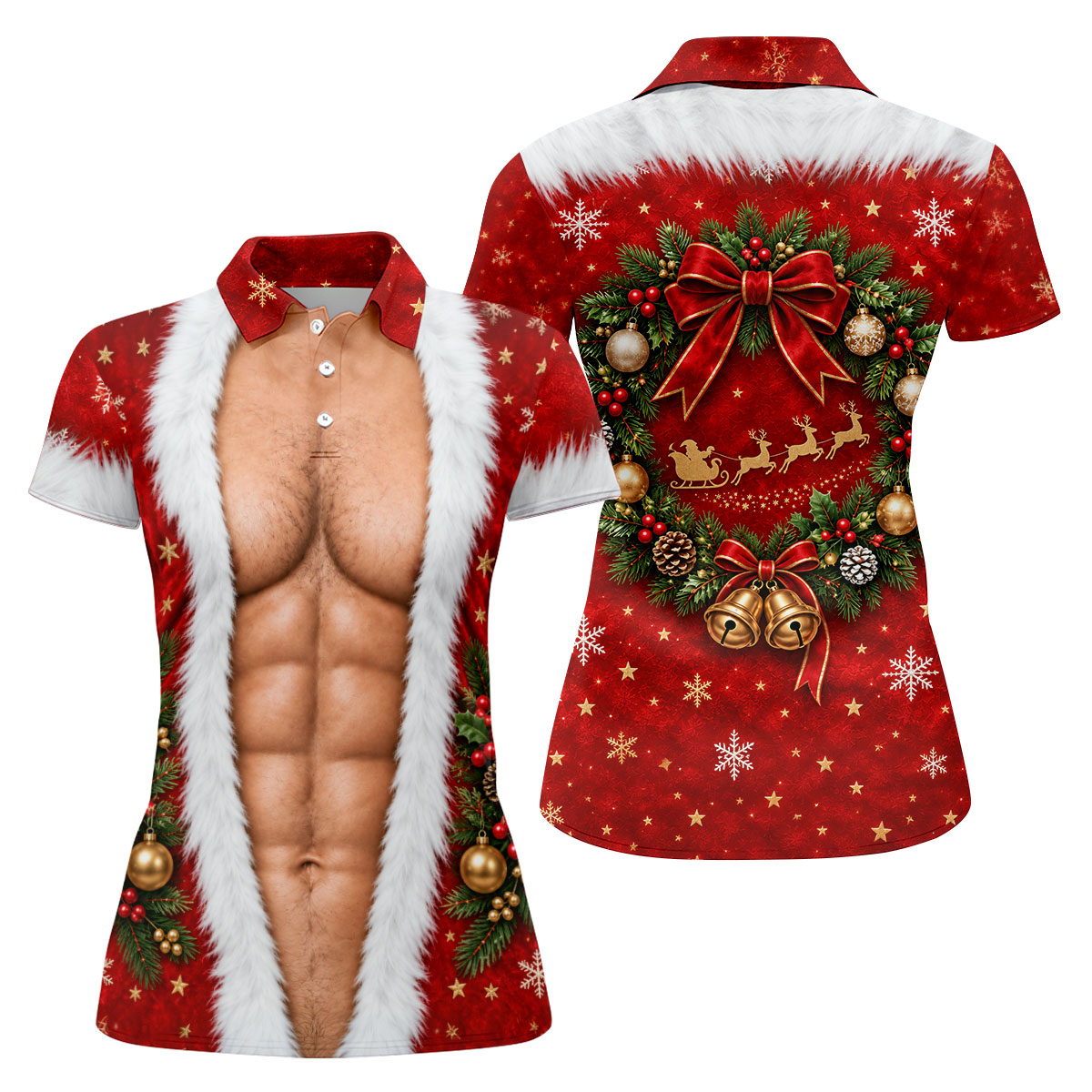Santa Muscle Body Christmas Golf Shirt, Womens Golf Tops, Ladies Golf Shirts