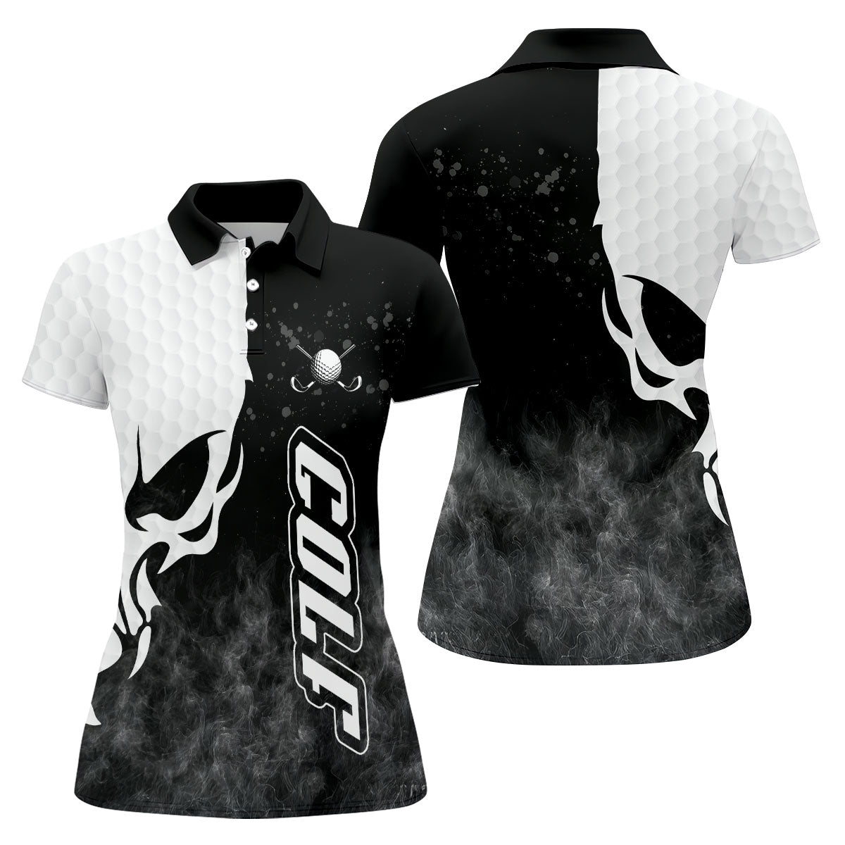 Monochrome Skull Golf Ball Graphic Golf Shirt, Golf Polo For Women, Printed Golf Shirt