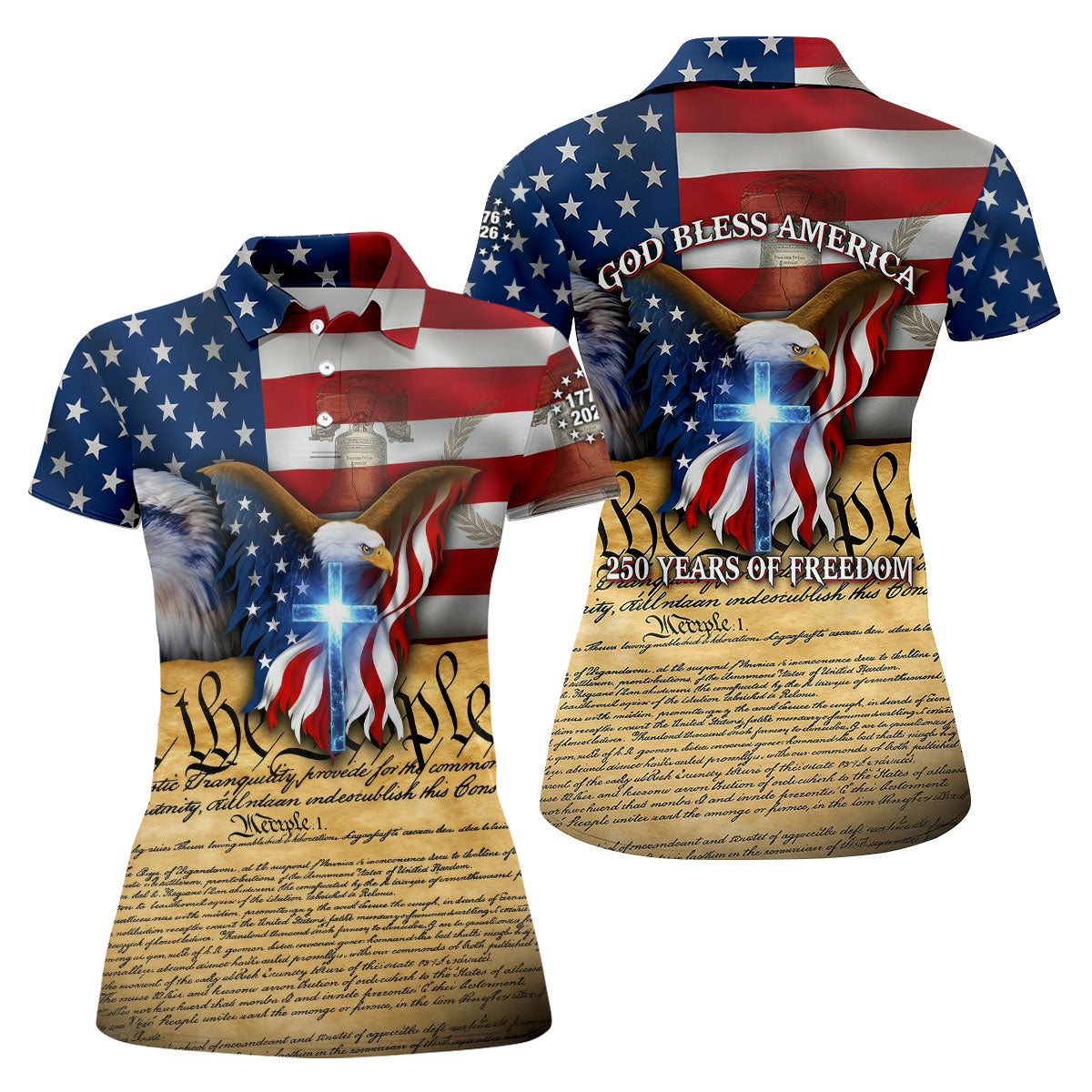 God Bless America 250 Years Of Freedom Faith Cross Patriotic Golf Shirt, 4th Of July Golf Shirt For Women