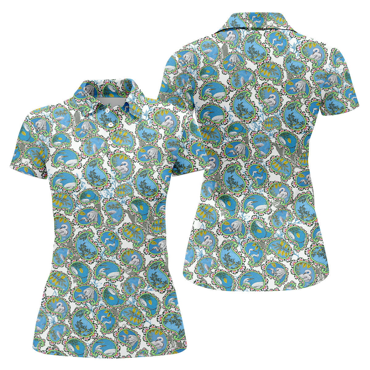 Paisley Flowers Heron Painting Print Golf Shirt, Ladies Golf Shirts, Golf Shirt For Women