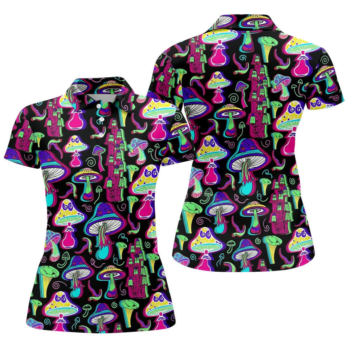 Black Neon Mushroom Pattern Golf Shirt, Women’s Golf Polo, Golf Shirts For Women, Performance Golf Shirt