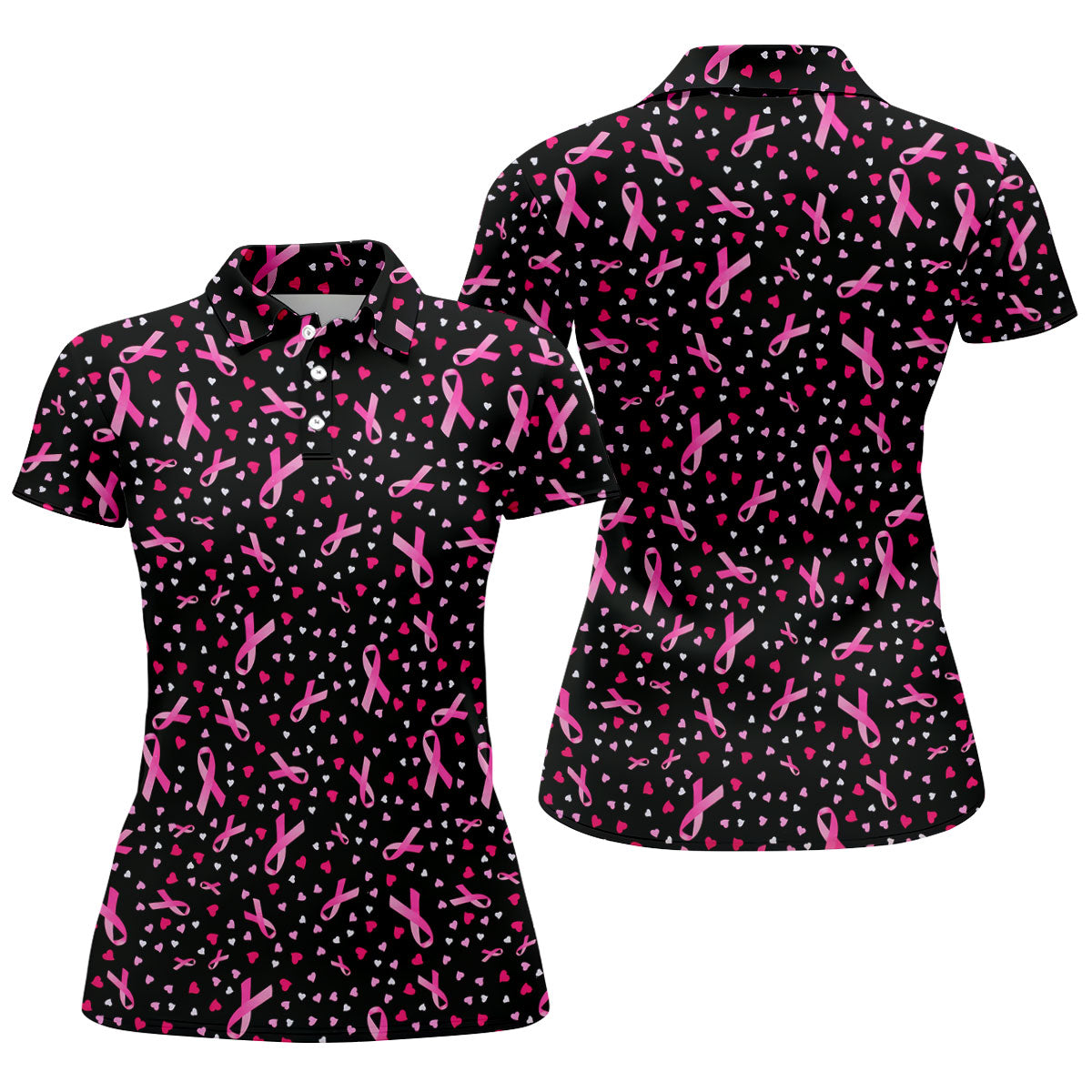 Black Pink Ribbon Heart Breast Cancer Polo Shirt, Ladies Golf Shirt, Women's Golf Tops