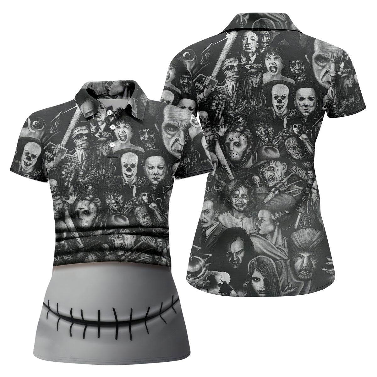Stitched Skull Horror Character Halloween Polo Shirt, Women's Golf Tops, Ladies Golf Top