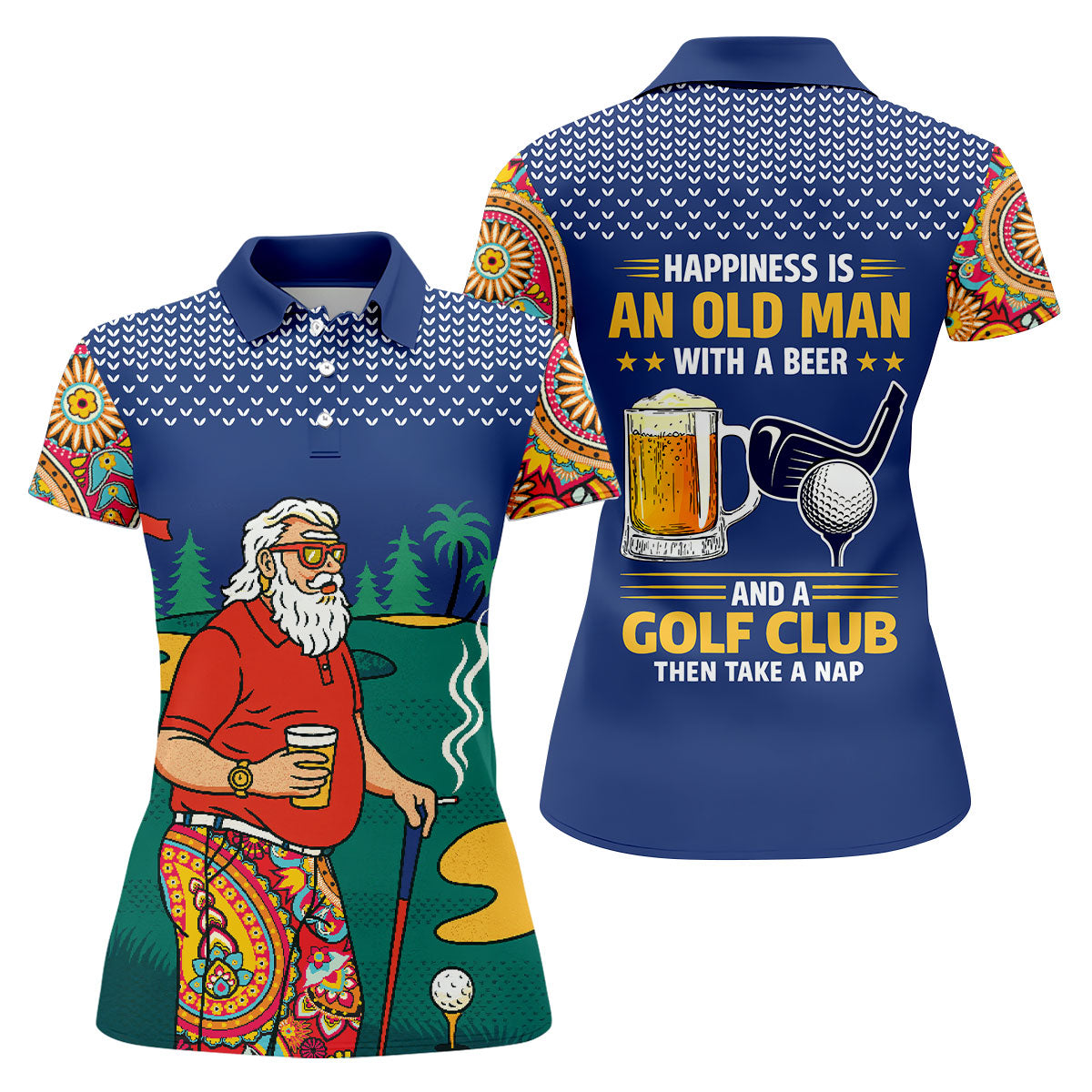 Retro Bearded Golfer Holding Beer Golf Polo Shirt, Women’s Golf Apparel, Ladies Golf Tops